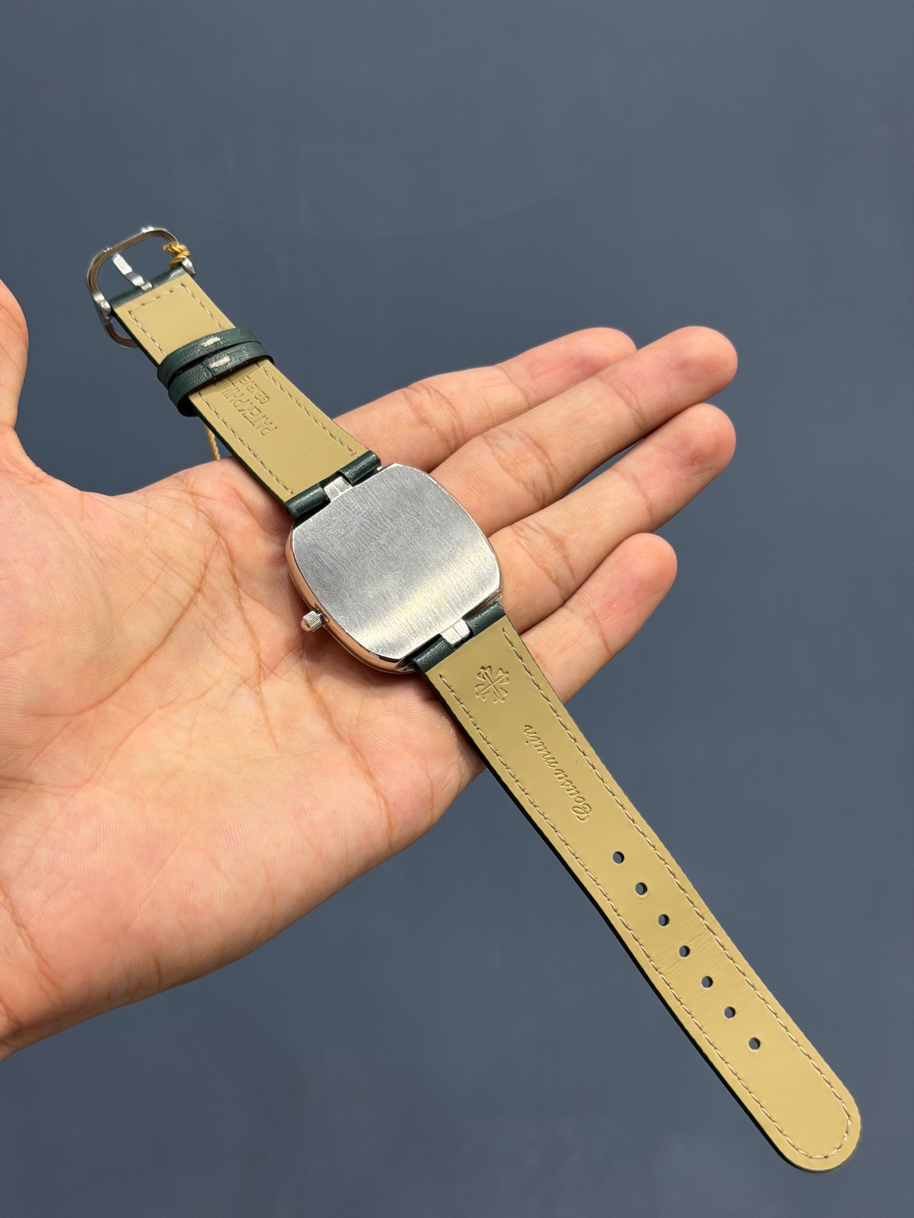 NEW COLLECTION SQUARE SILVER WITH GREEN DIAL LEATHER STRAP WATCH