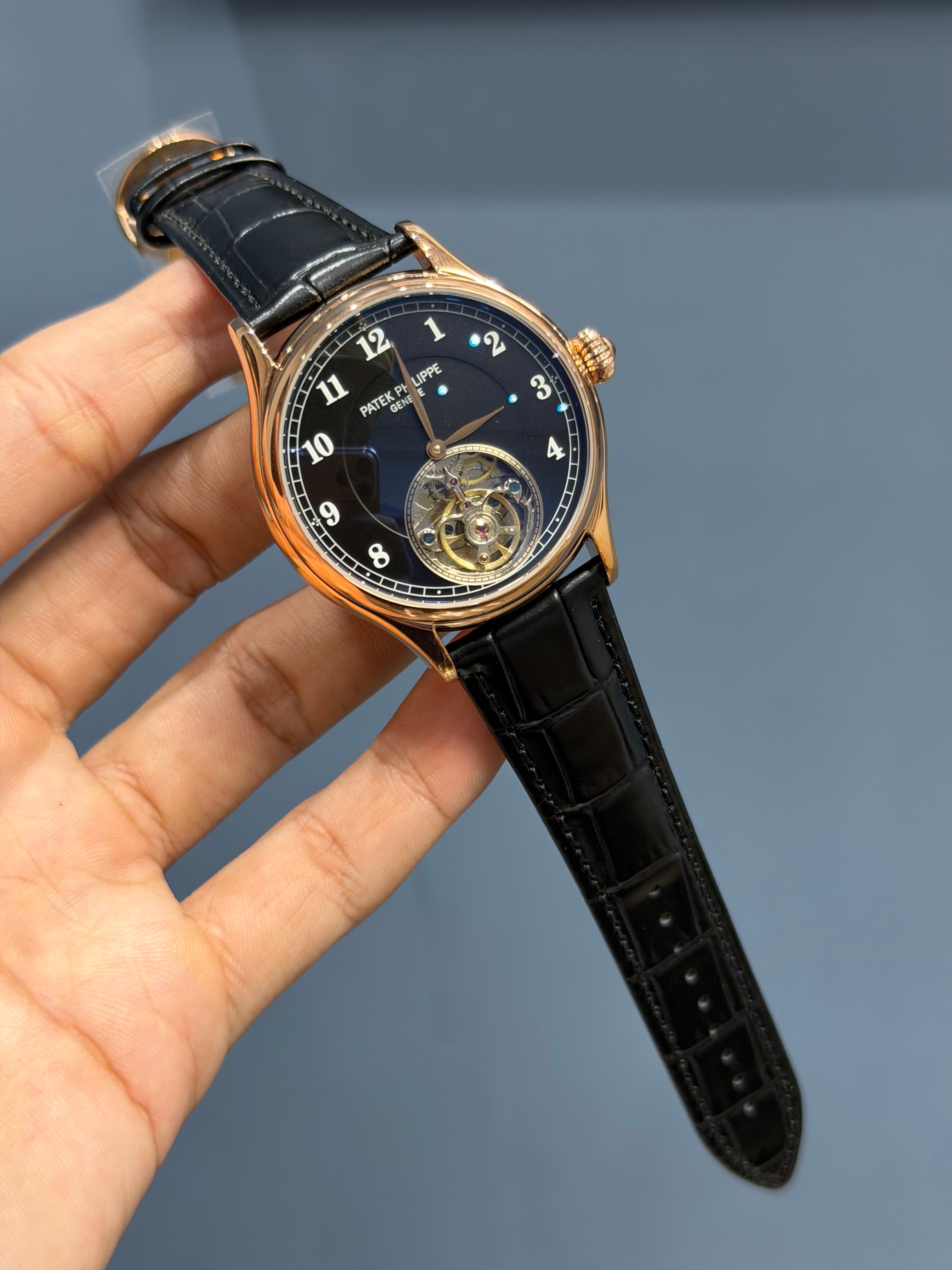 NEW COLLECTION TOURBILLON ROSE CASE WITH BLACK DIAL & BLACK LEATHER STRAP