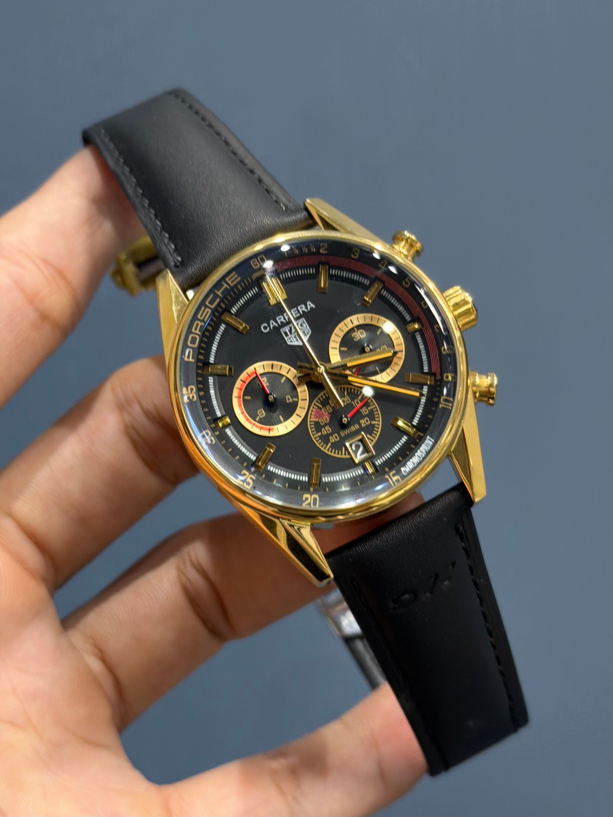 NEW COLLECTION CHRONOGRAPH GOLD CASE WITH BLACK DIAL & BEZEL WITH LEATHER STRAP