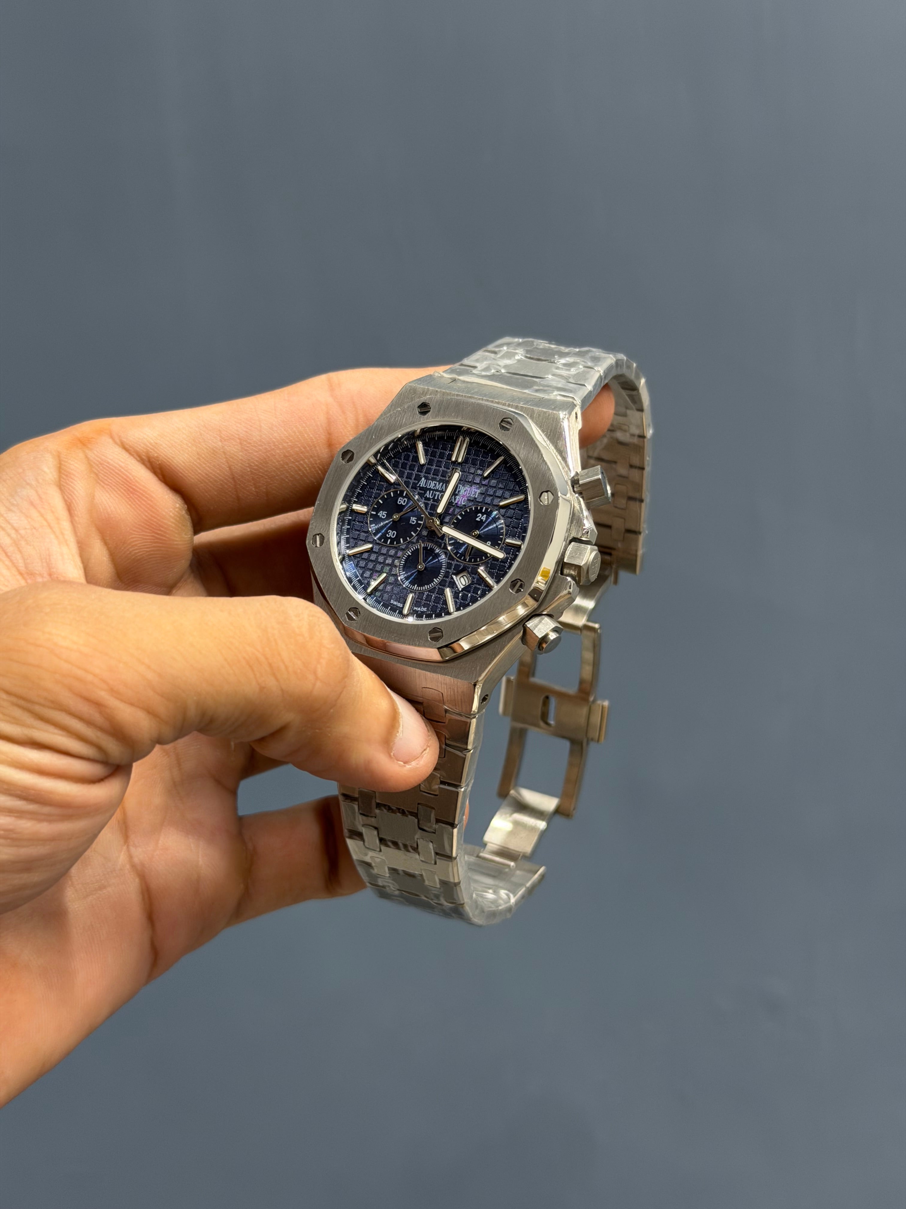 NEW COLLECTION CHRONOGRAPH SILVER WITH BLUE DIAL CHAIN WATCH