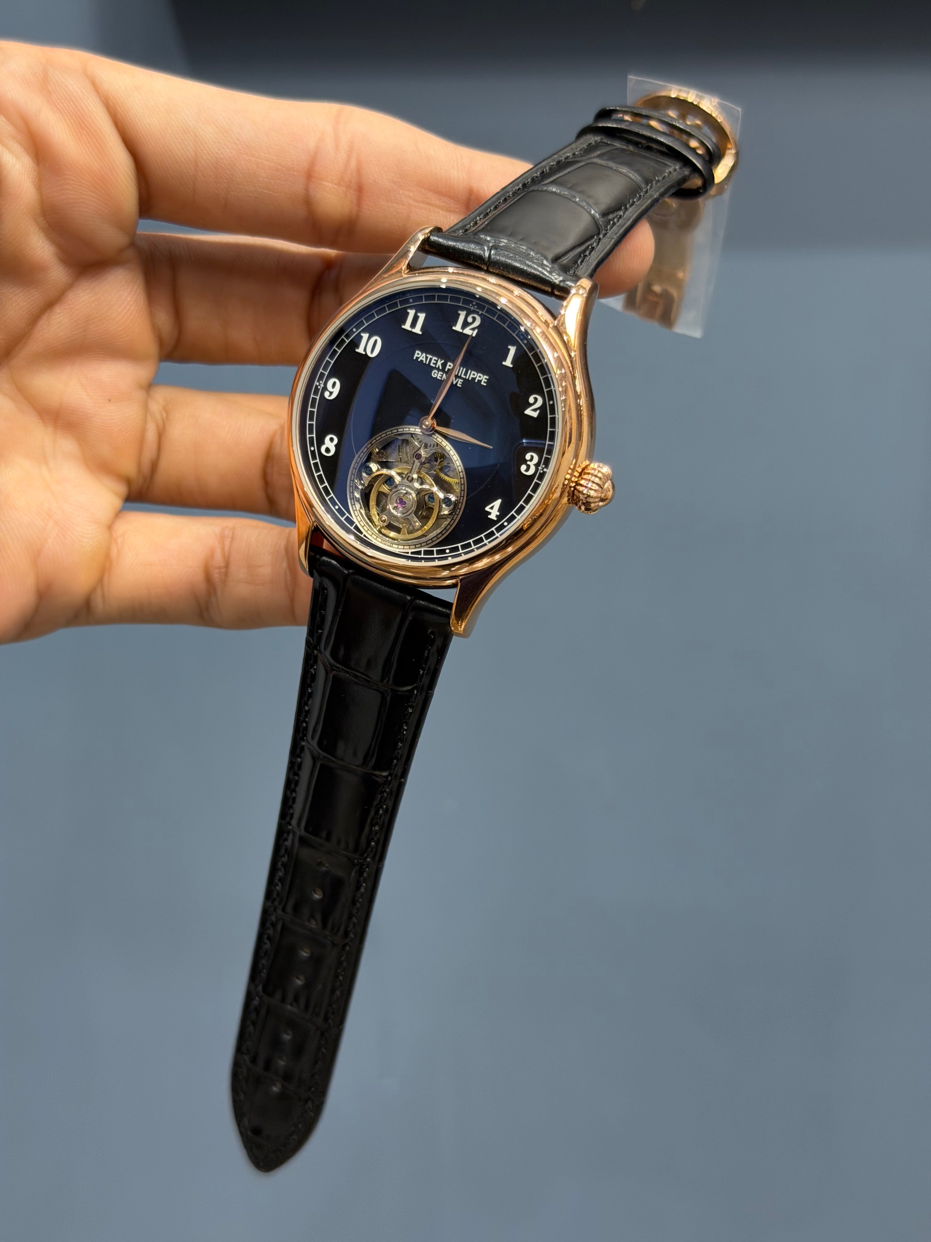 NEW COLLECTION TOURBILLON ROSE CASE WITH BLACK DIAL & BLACK LEATHER STRAP
