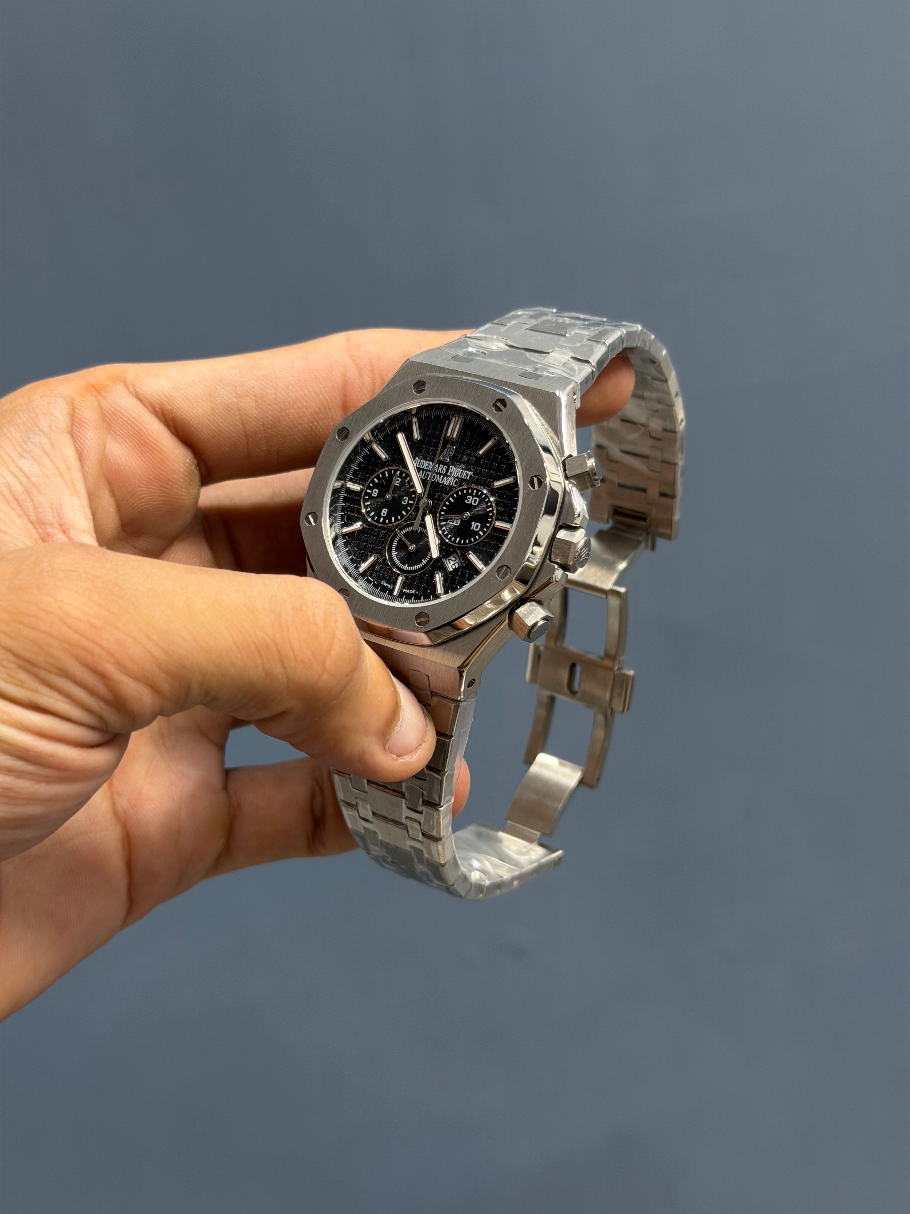 NEW COLLECTION CHRONOGRAPH SILVER WITH BLACK DIAL CHAIN WATCH