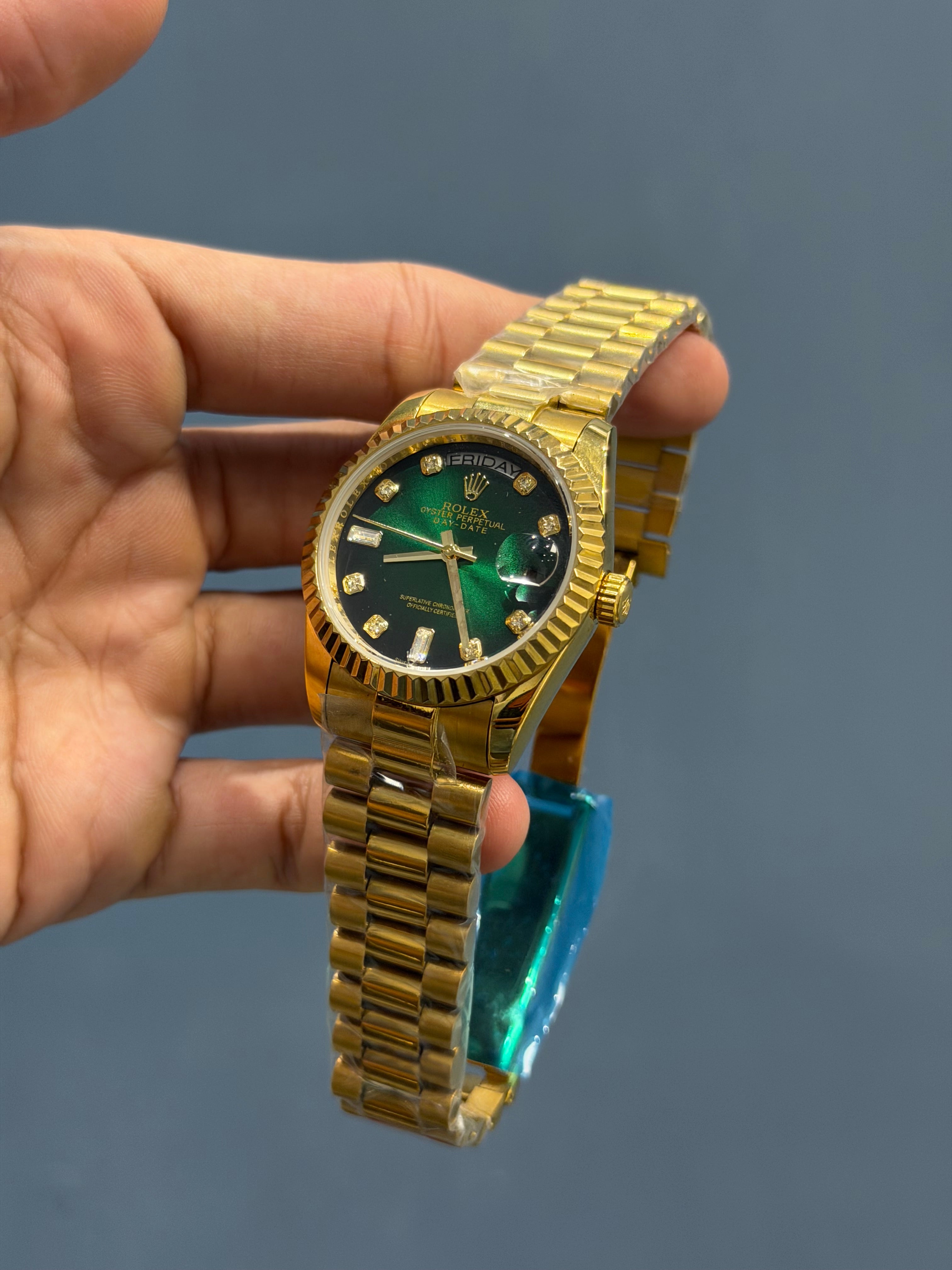 NEW COLLECTION 36 GOLD WITH GREEN DIAL FLUTED BEZEL RUBY STONE FIGURE AUTOMATIC WATCH YZ FACTORY