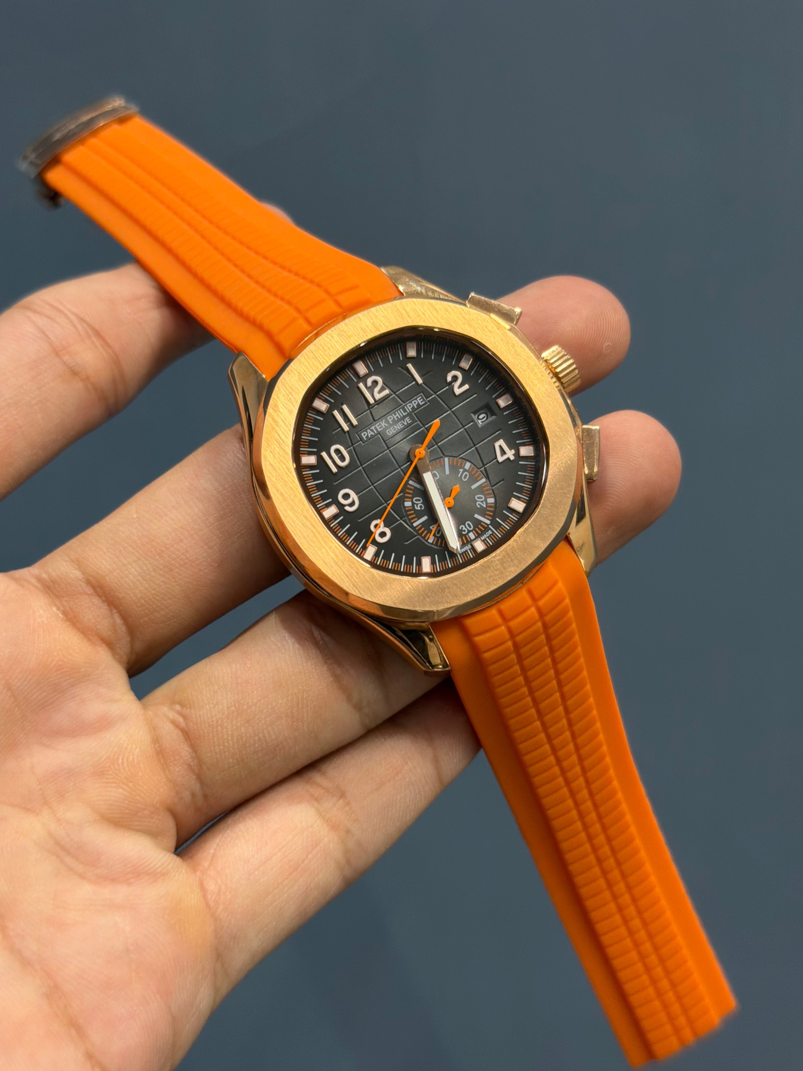 NEW COLLECTION ROSE CASE WITH BLACK DIAL AND ORANGE STRAP AUTOMATIC WATCH