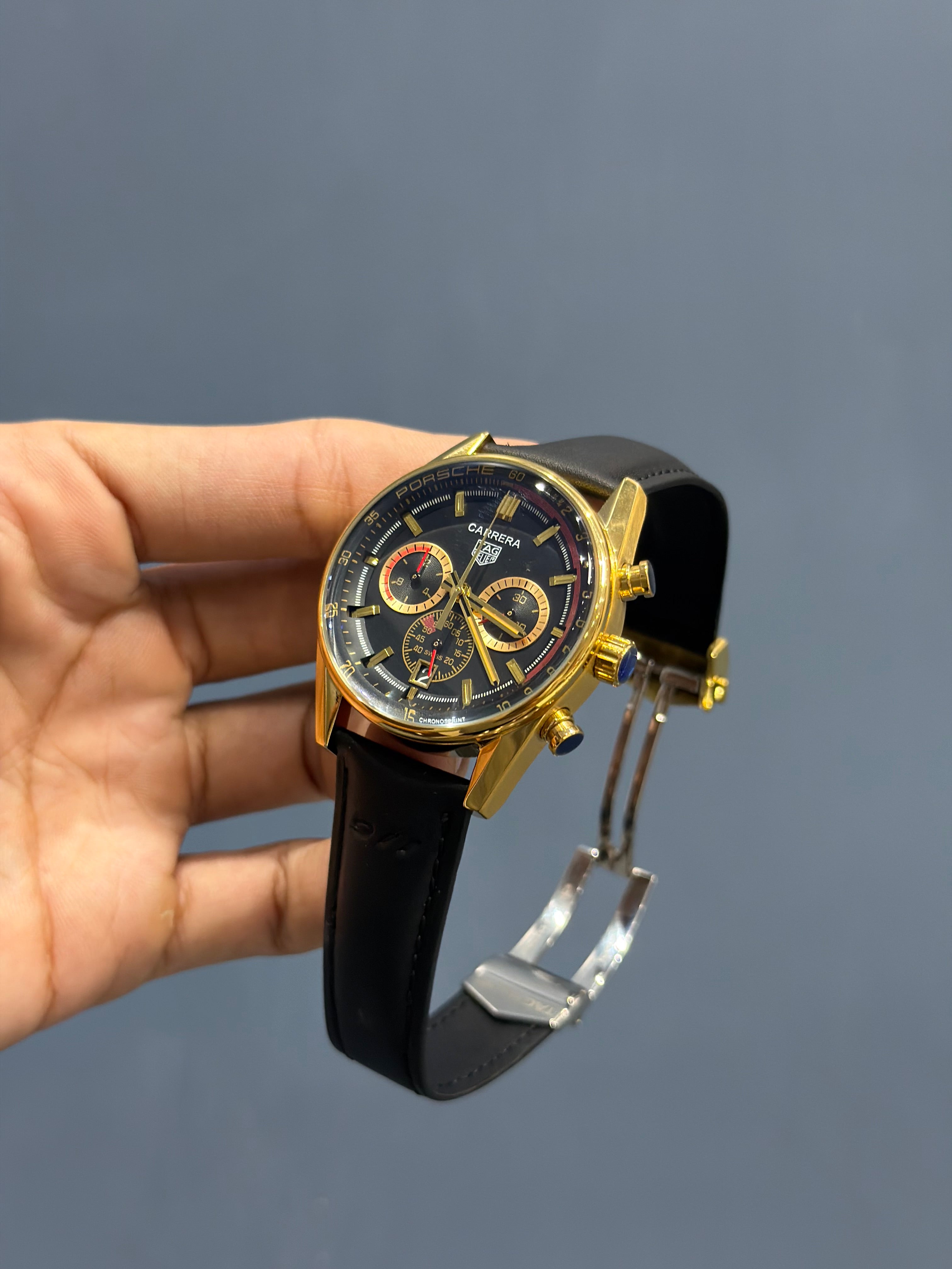 NEW COLLECTION CHRONOGRAPH GOLD CASE WITH BLACK DIAL & BEZEL WITH LEATHER STRAP