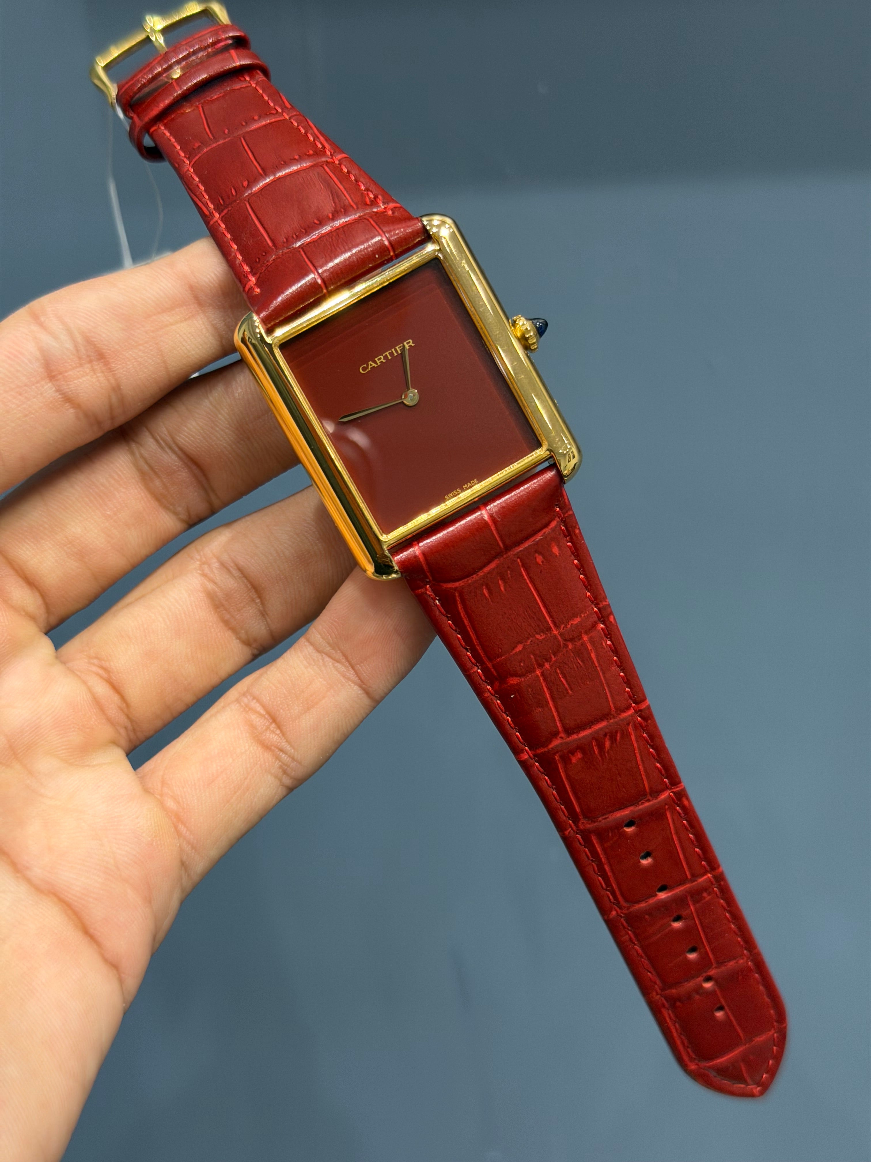 NEW COLLECTION YELLOW GOLD CASE WITH MAROON DIAL & LEATHER STRAP WATCH