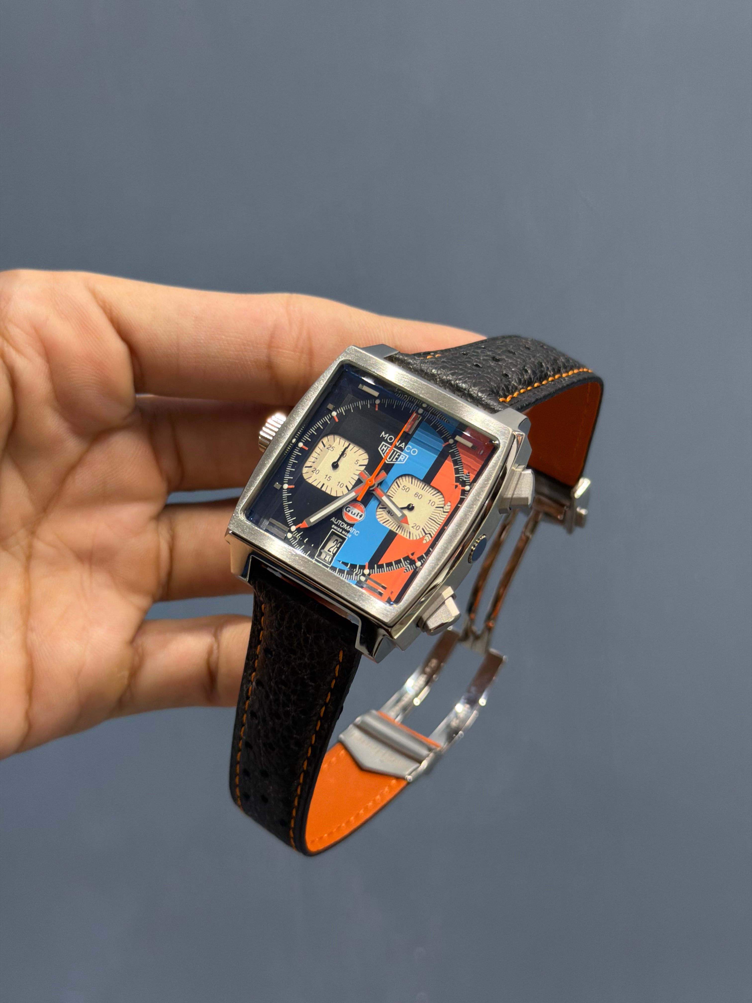 NEW COLLECTION CHRONOGRAPH SILVER CASE WITH GOLF DIAL & BLACK LEATHER STRAP