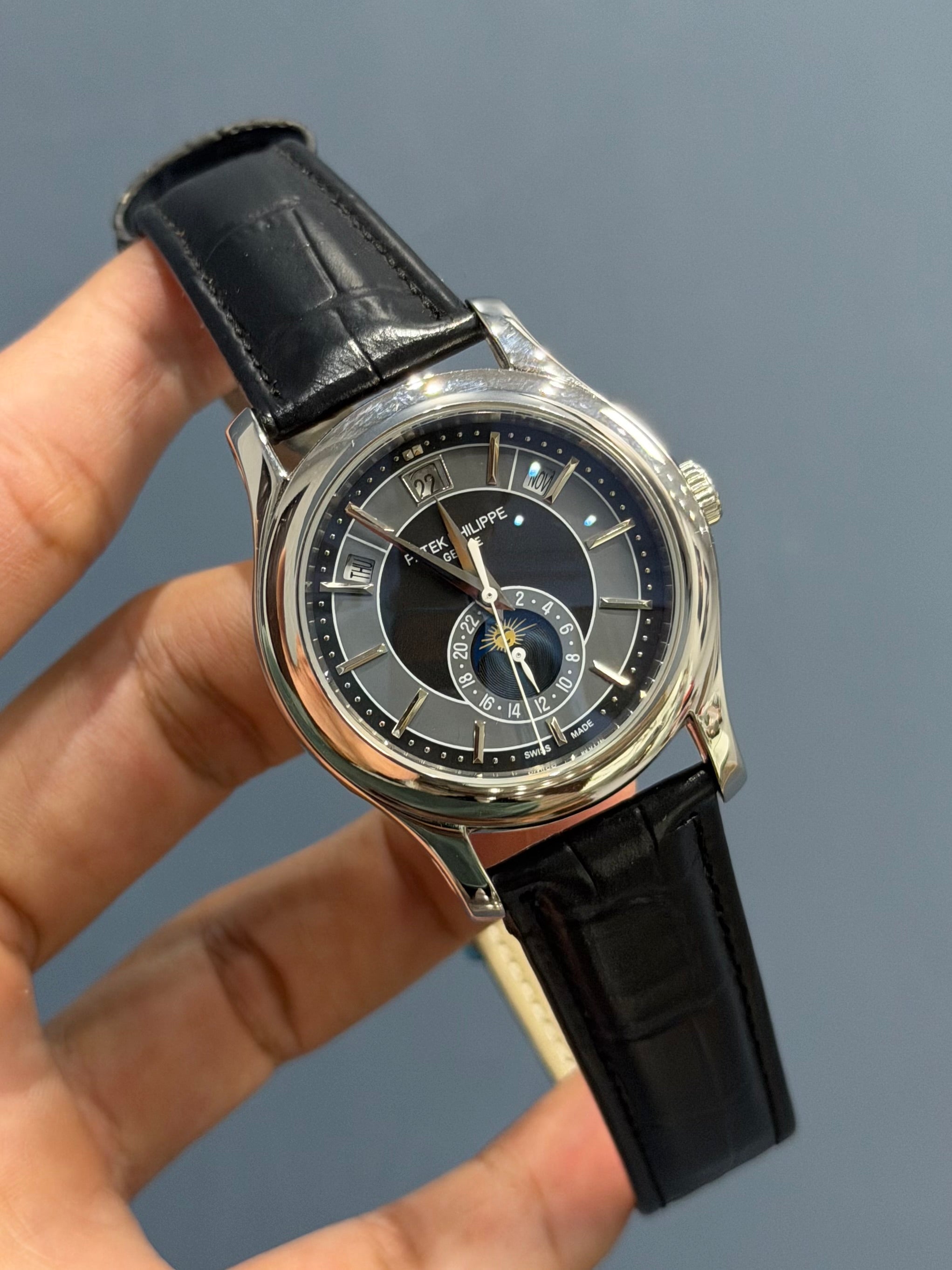 NEW COLLECTION MOON PHASE SILVER CASE WITH BLACK DIAL & LEATHER STRAP