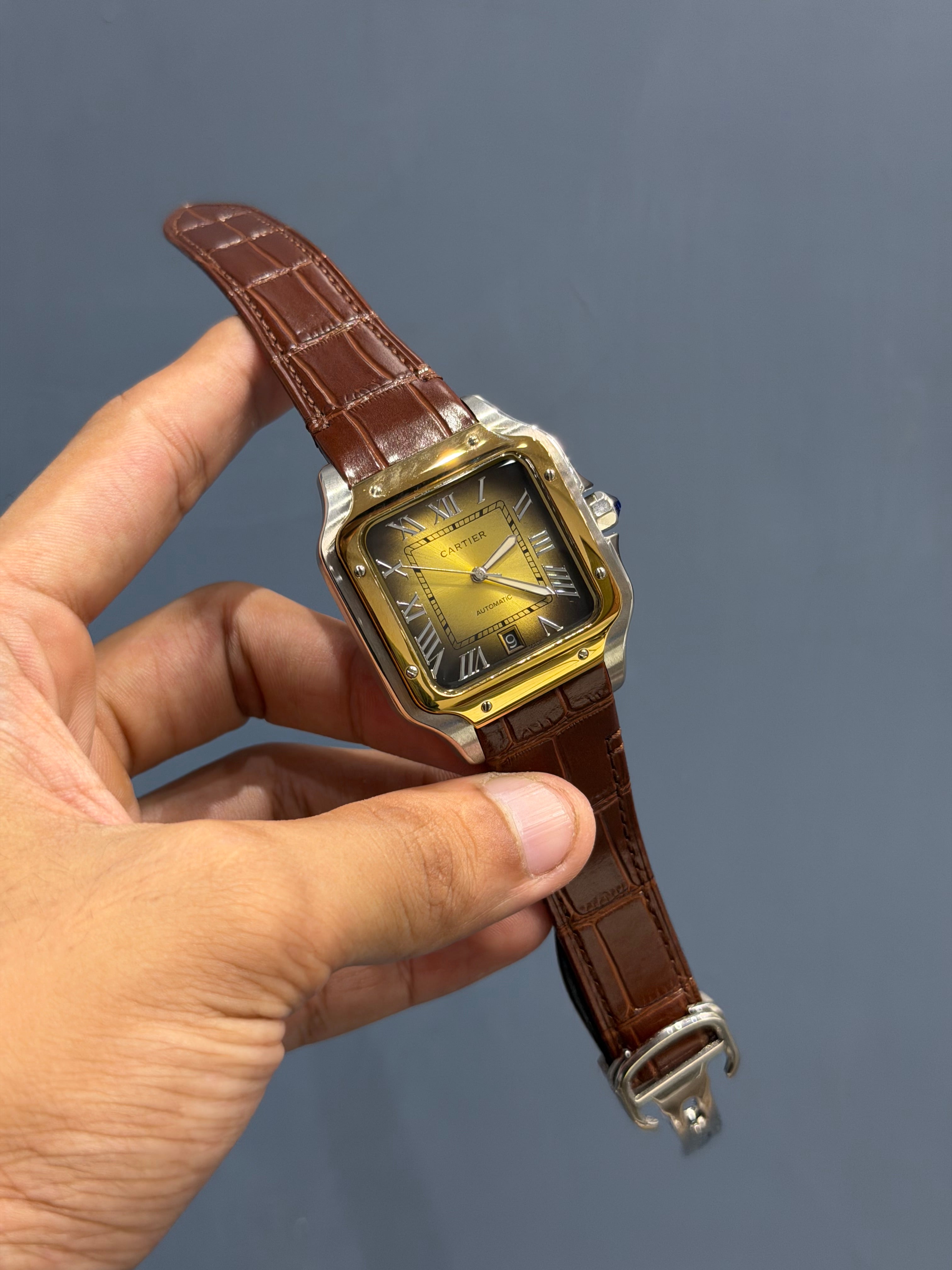 NEW COLLECTION YELLOW TWOTONE CASE WITH SMOKE DIAL & BROWN LEATHER STRAP