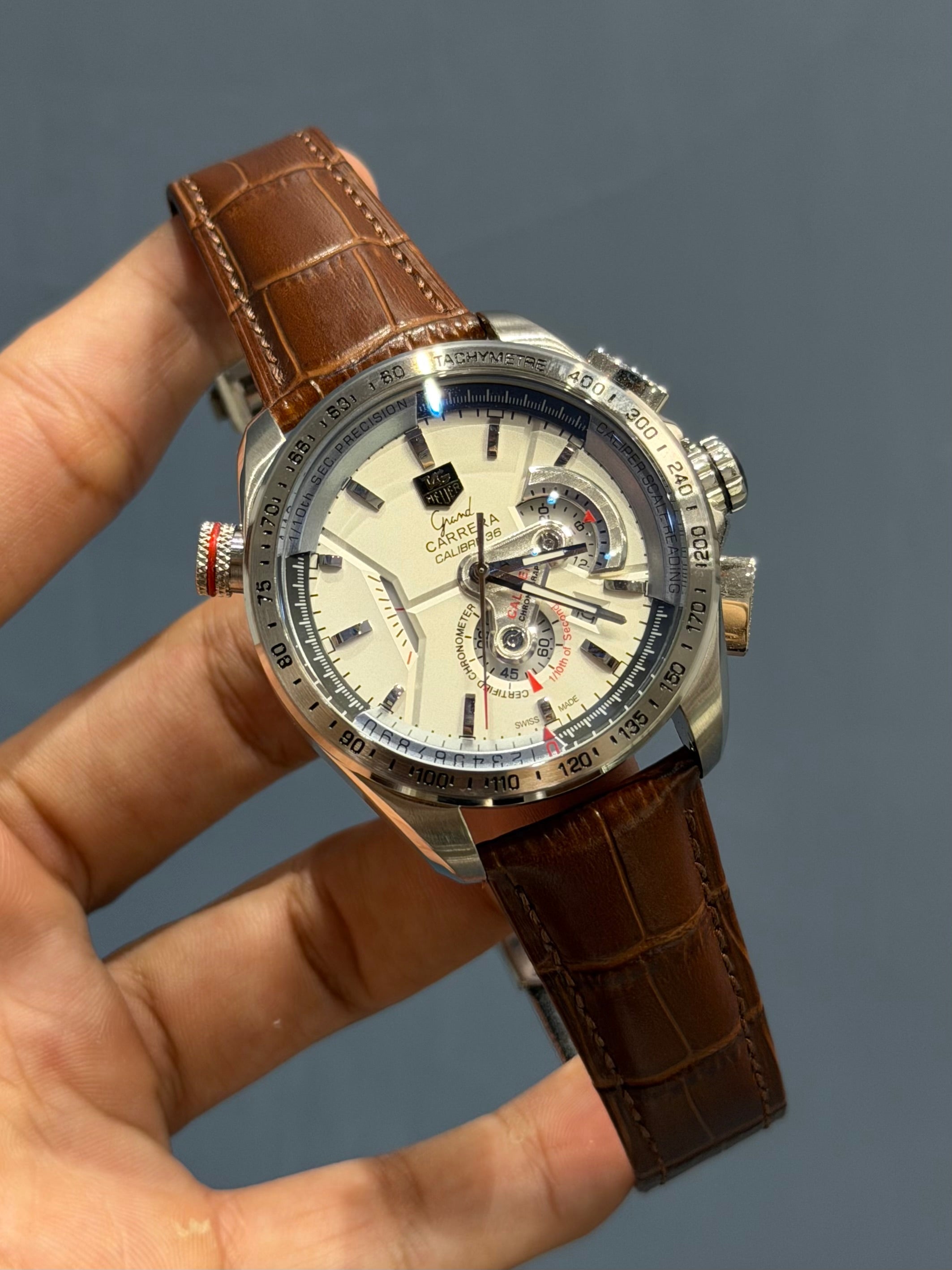 NEW COLLECTION CHRONOGRAPH SILVER CASE WITH WHITE DIAL LEATHER STRAP