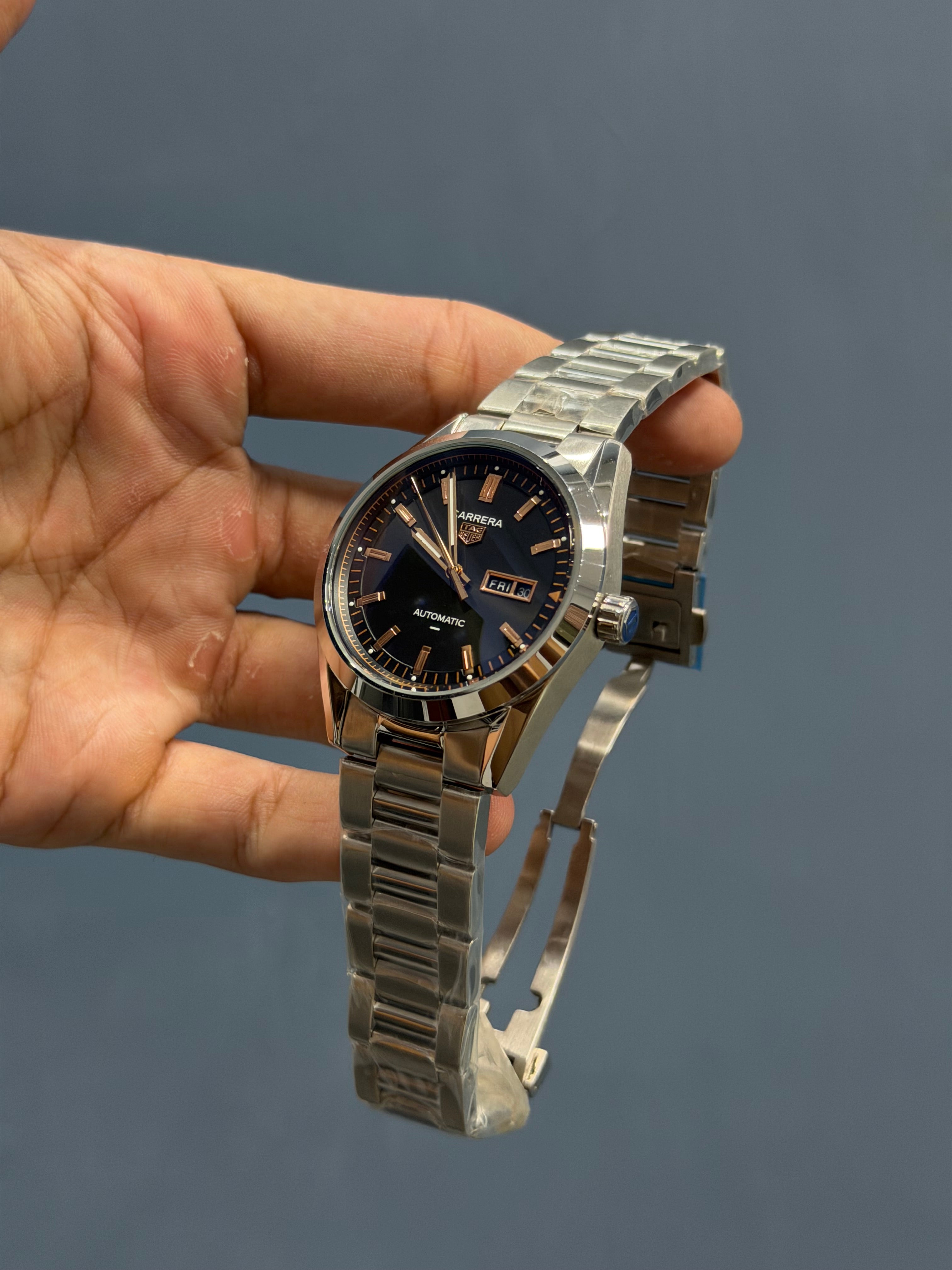NEW COLLECTION SILVER WITH BLACK DIAL ROSE GOLD INDEX AUTOMATIC WATCH