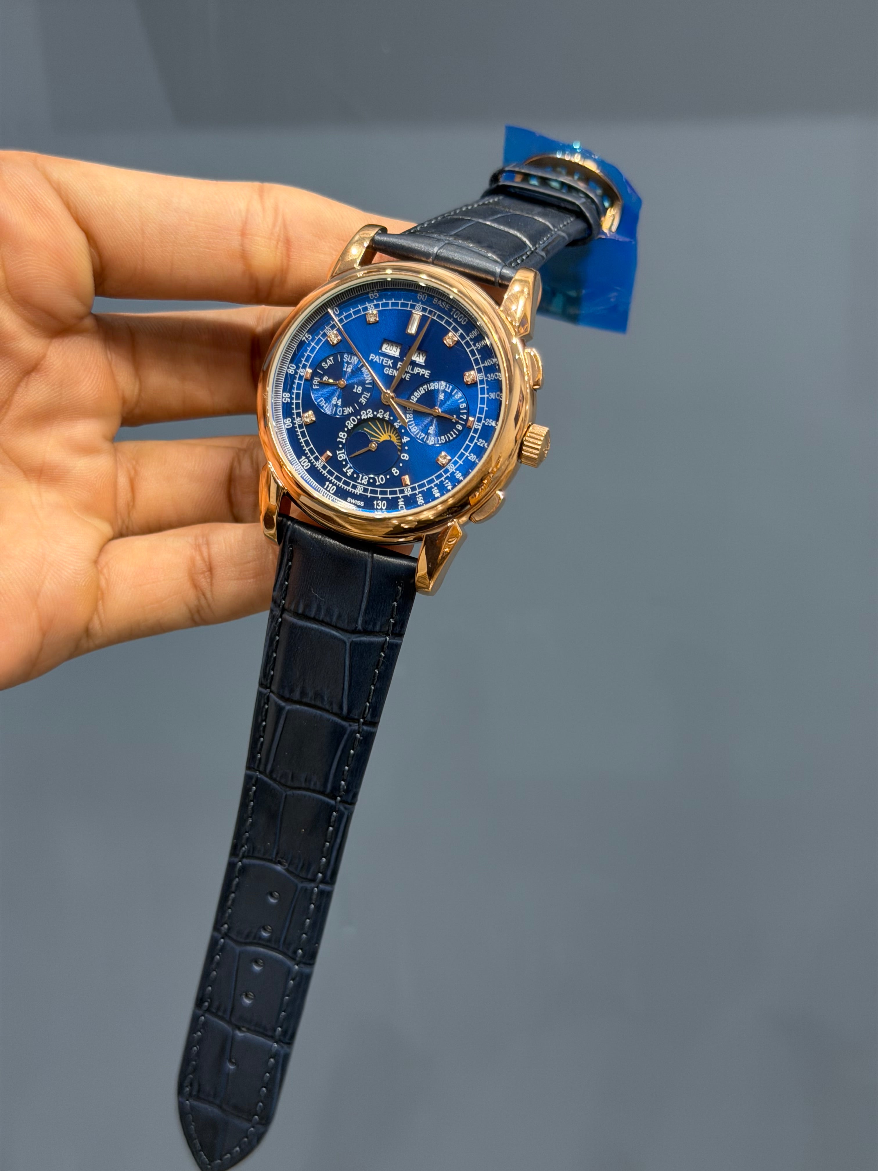 NEW COLLECTION CHRONOGRAPH ROSE CASE WITH BLUE DIAL & BLACK LEATHER STRAP