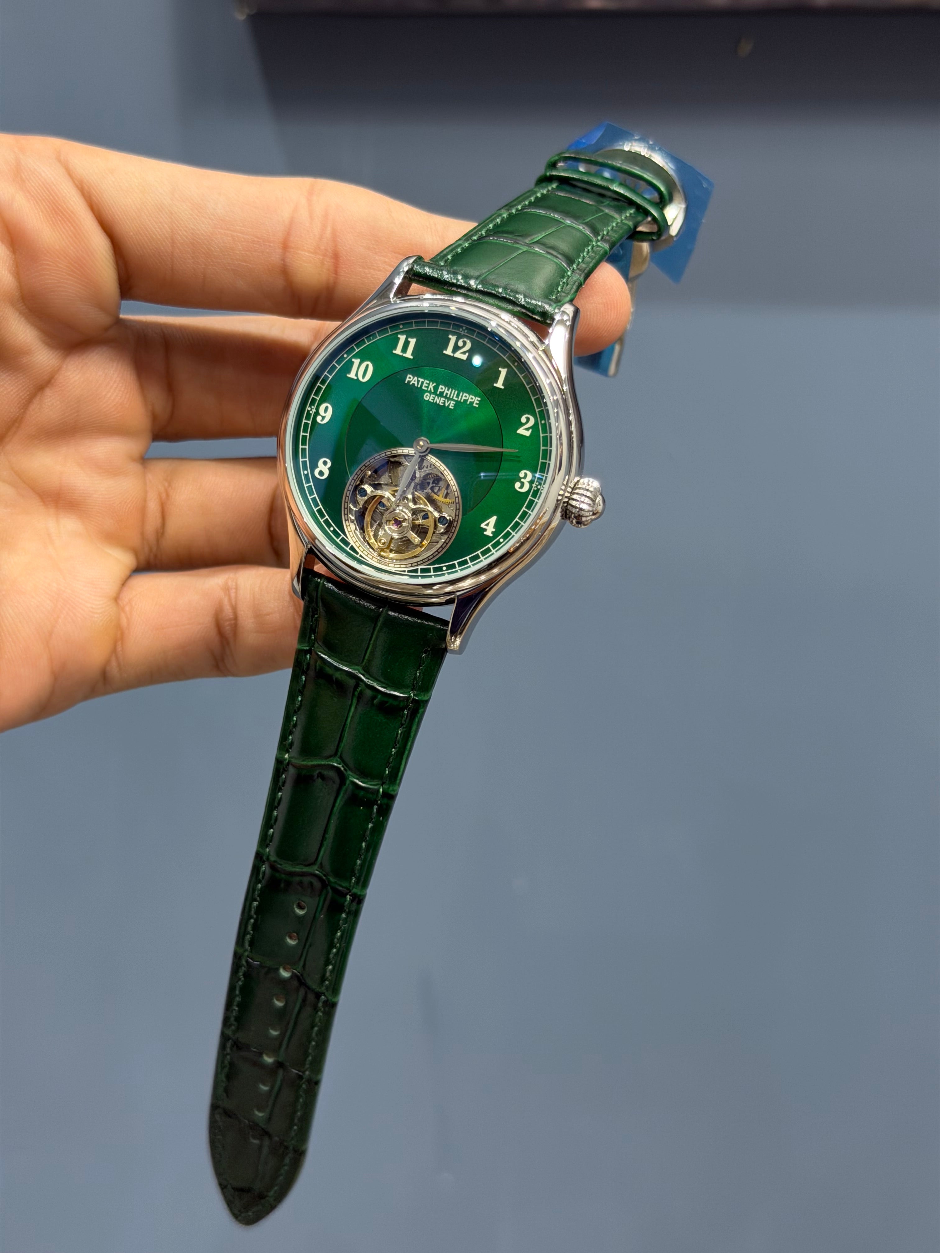 NEW COLLECTION TOURBILLON SILVER CASE WITH GREEN DIAL & GREEN LEATHER STRAP