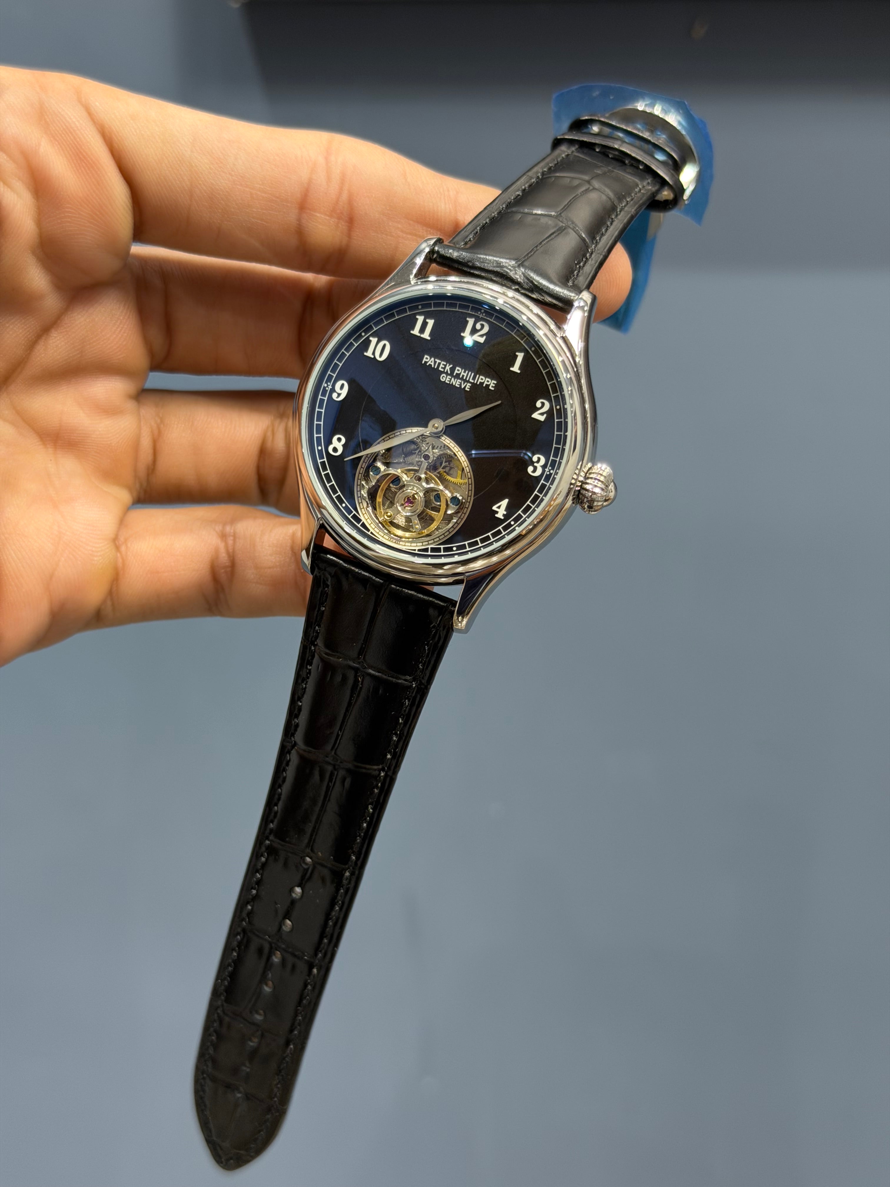 NEW COLLECTION TOURBILLON SILVER CASE WITH BLACK DIAL & BLACK LEATHER STRAP