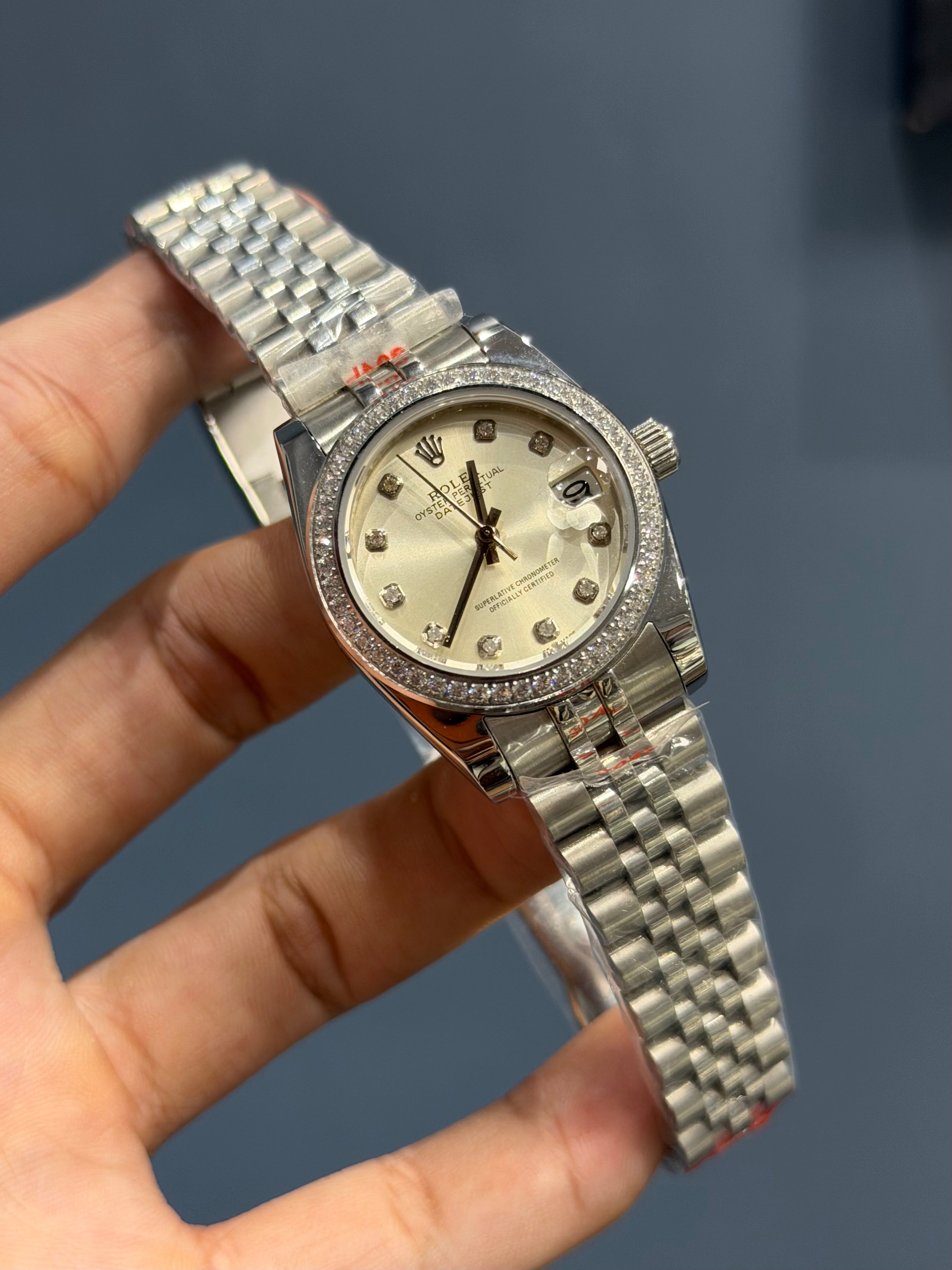 NEW COLLECTION 31 SILVER CHAIN WITH WHITE DIAL STONE BEZEL AUTOMATIC WATCH