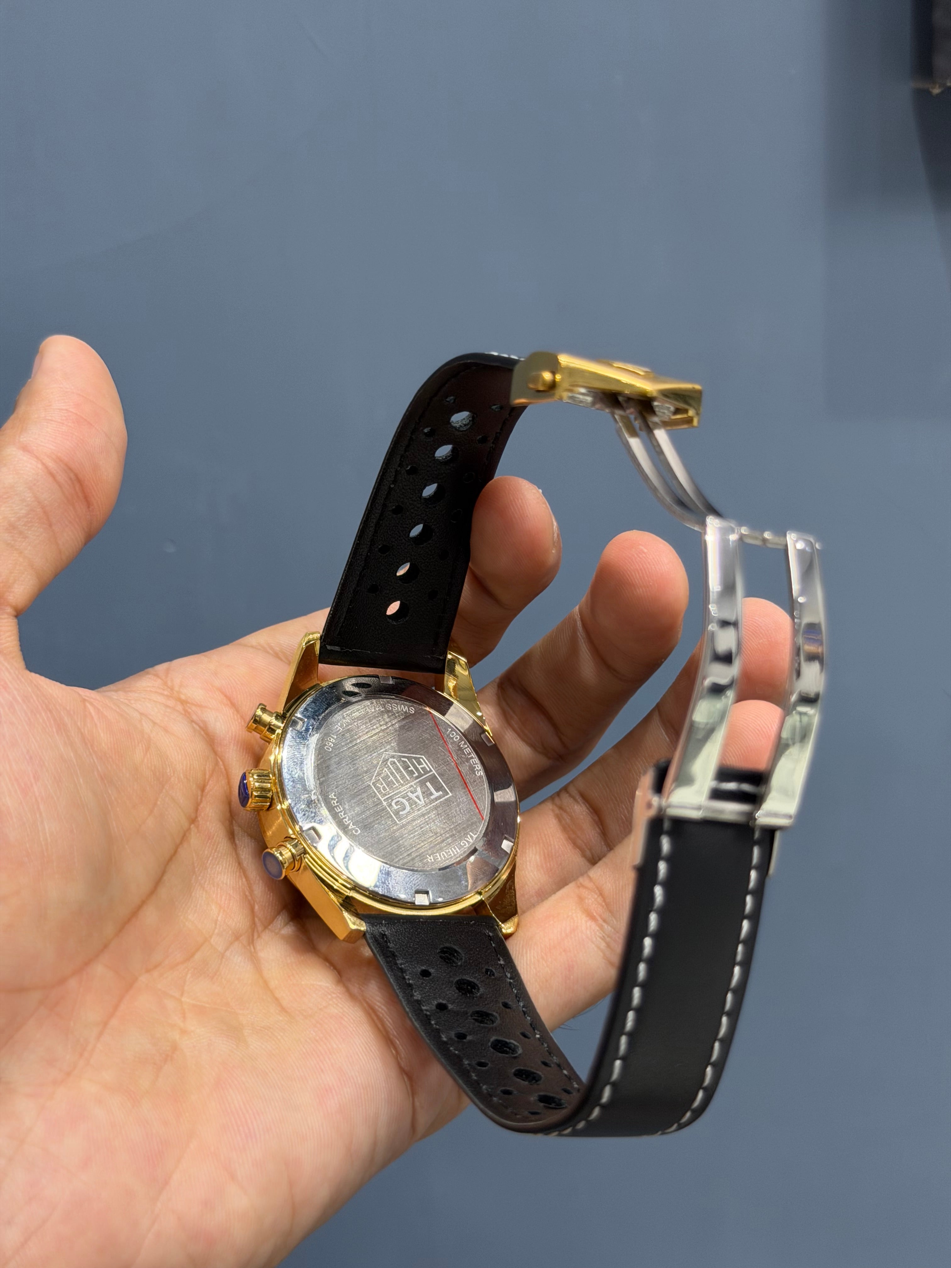 NEW COLLECTION CHRONOGRAPH GOLD CASE WITH BLACK DIAL & BEZEL WITH LEATHER STRAP
