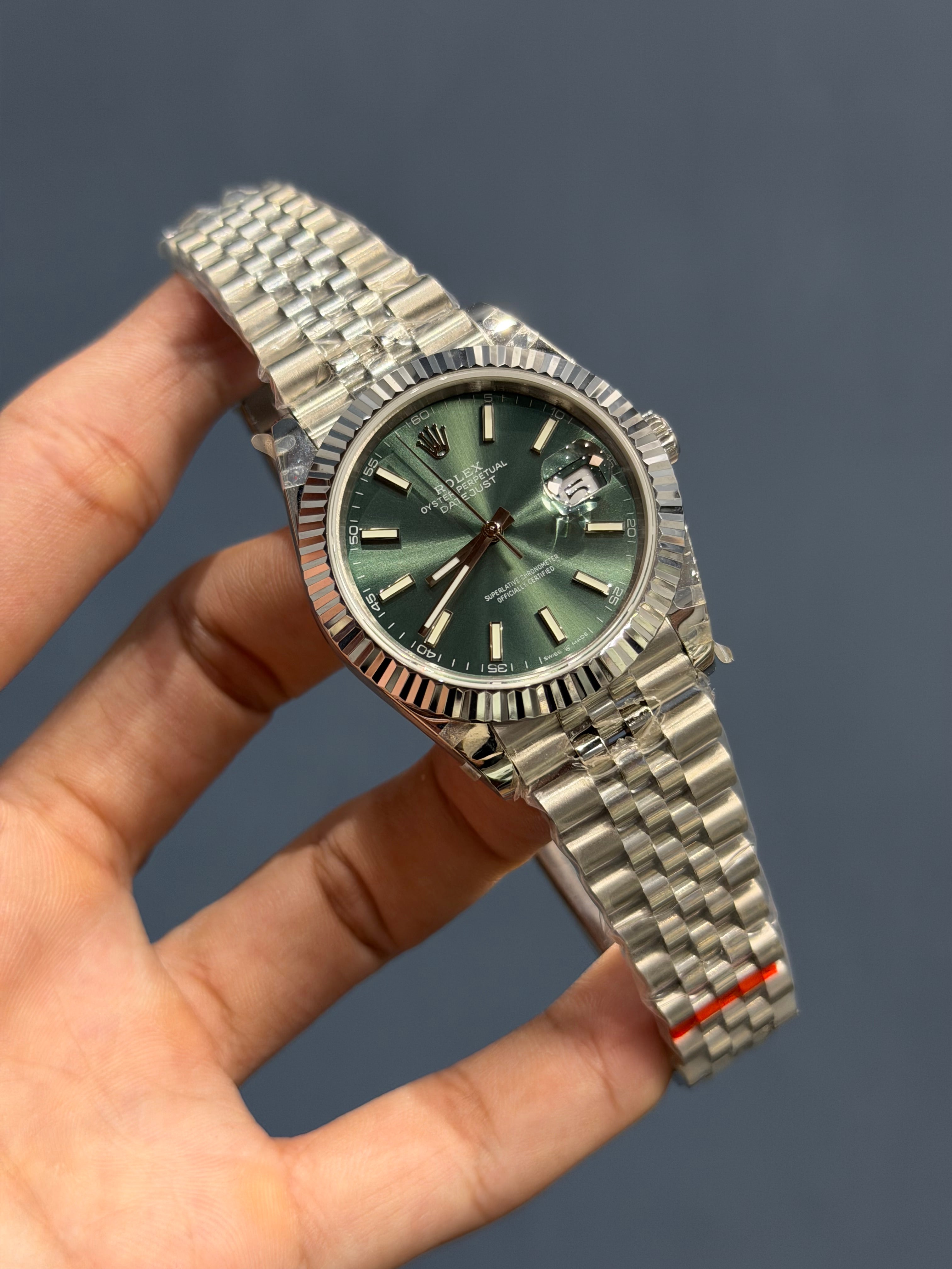 NEW COLLECTION 41 SILVER WITH GREEN DIAL FLUTED BEZEL AUTOMATIC WATCH BP MADE