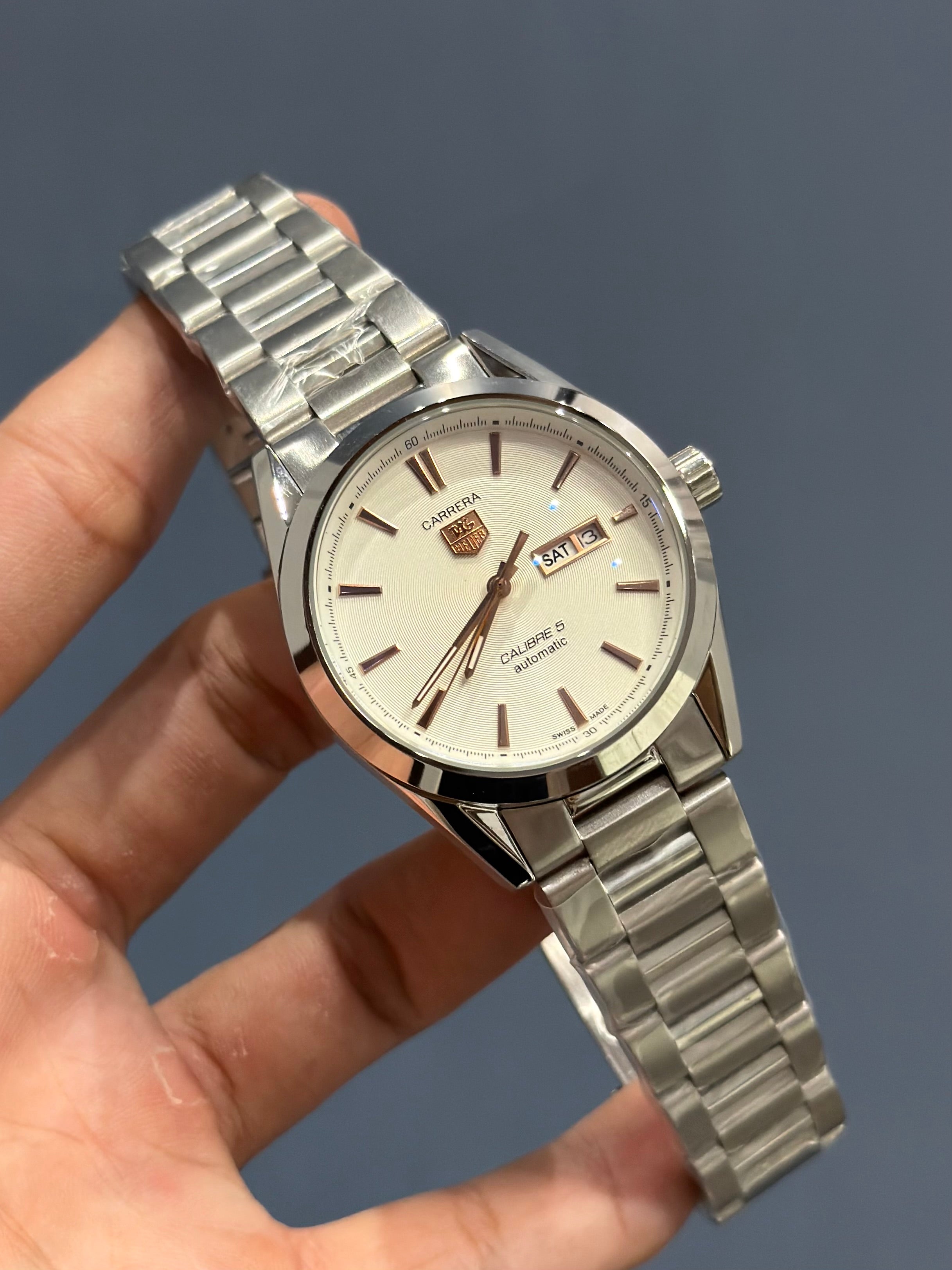 NEW COLLECTION SILVER WITH WHITE DIAL ROSE GOLD INDEX AUTOMATIC WATCH