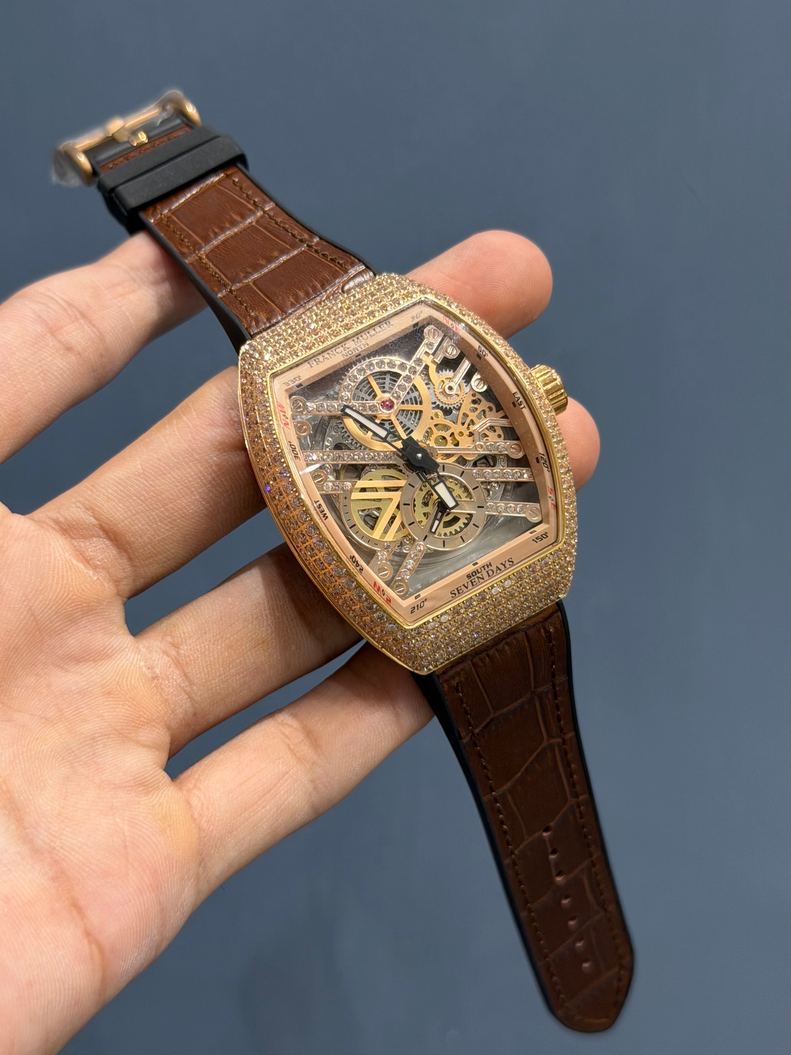 NEW COLLECTION SILVER STONE CASE WITH SKELETON DIAL AND LEATHER STRAP