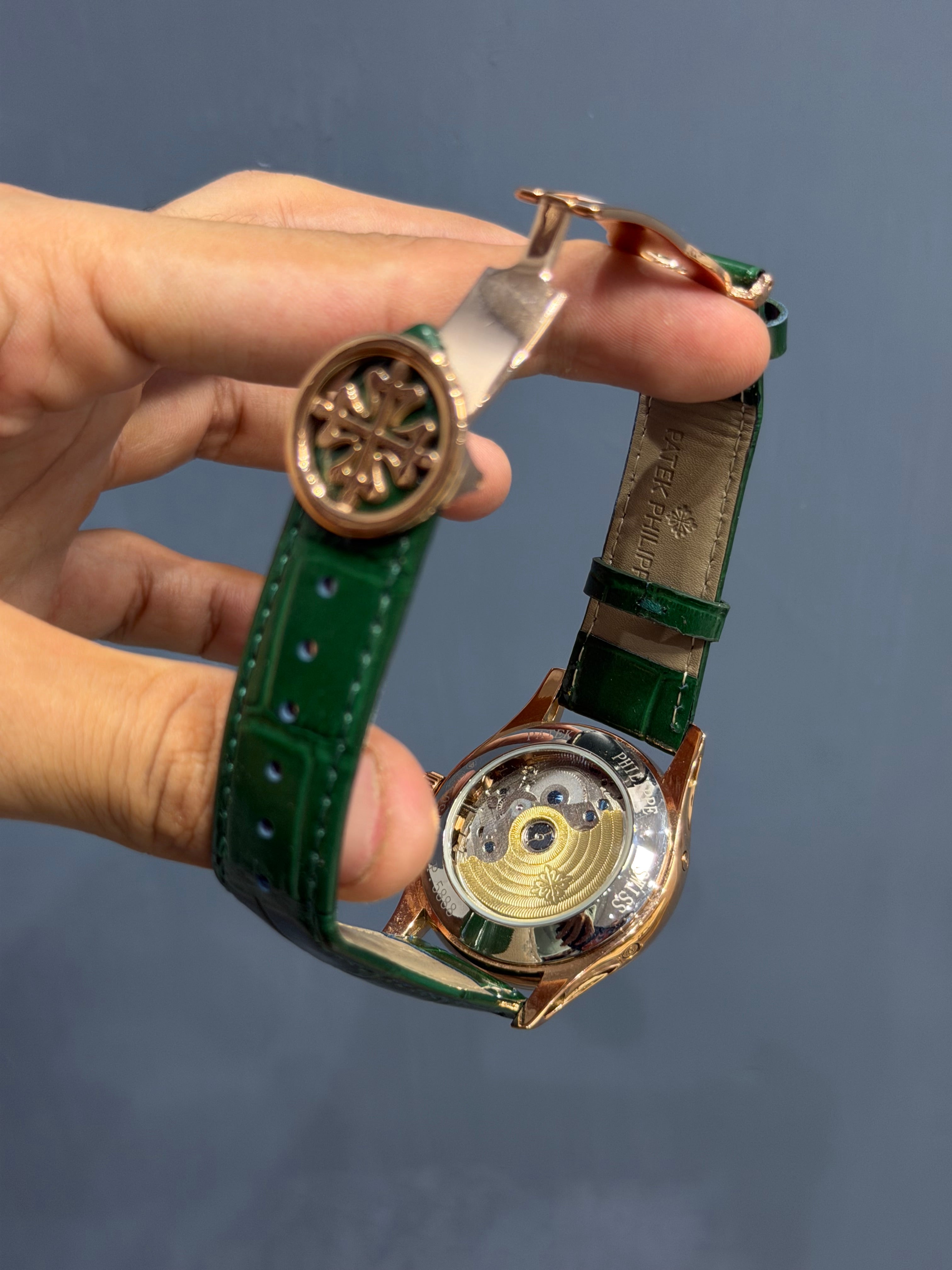 NEW COLLECTION MOON PHASE ROSE GOLD CASE WITH GREEN DIAL & GREEN LEATHER STRAP