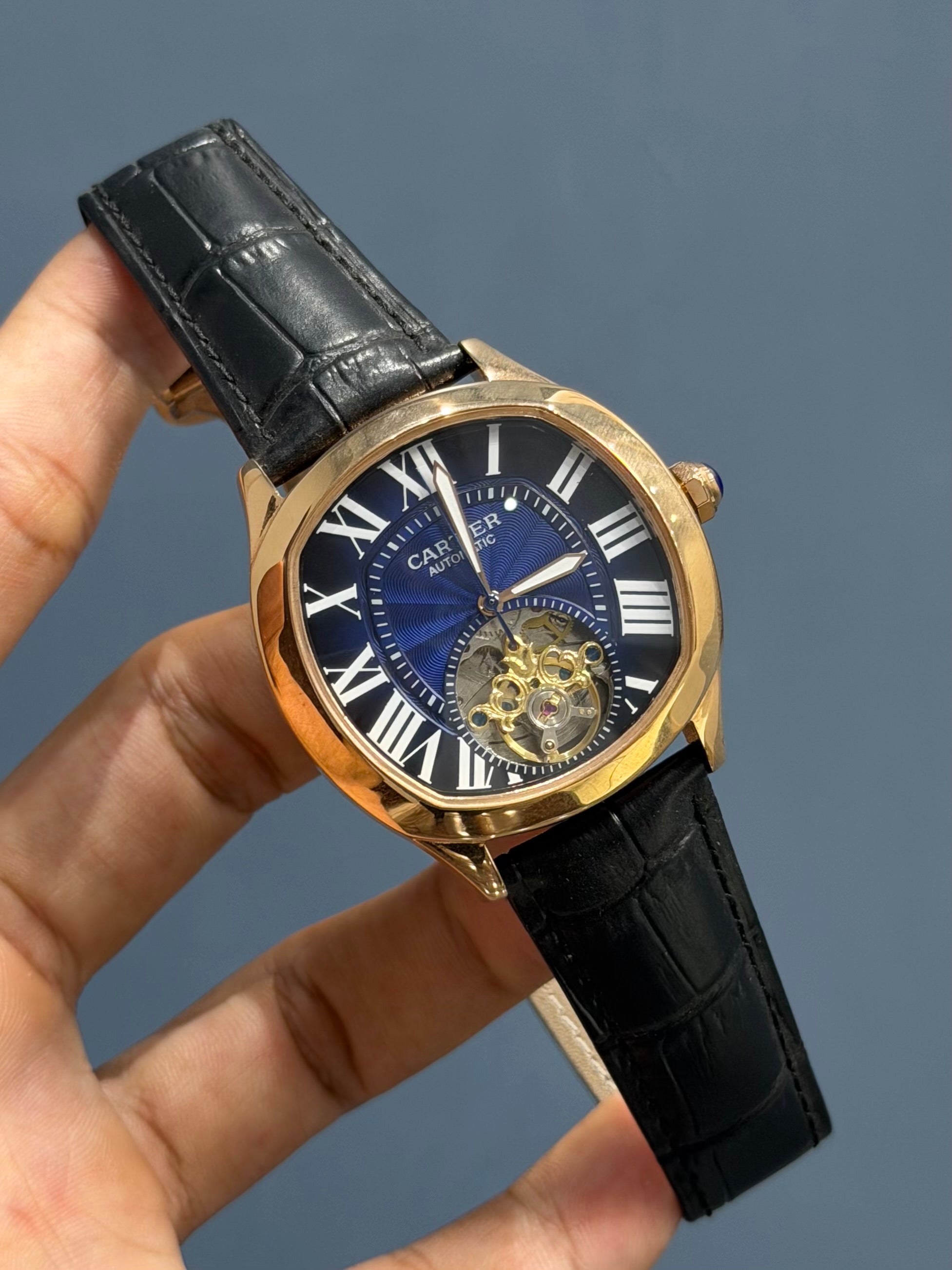 NEW COLLECTION ROSE CASE WITH BLUE DIAL & BLACK LEATHER STRAP