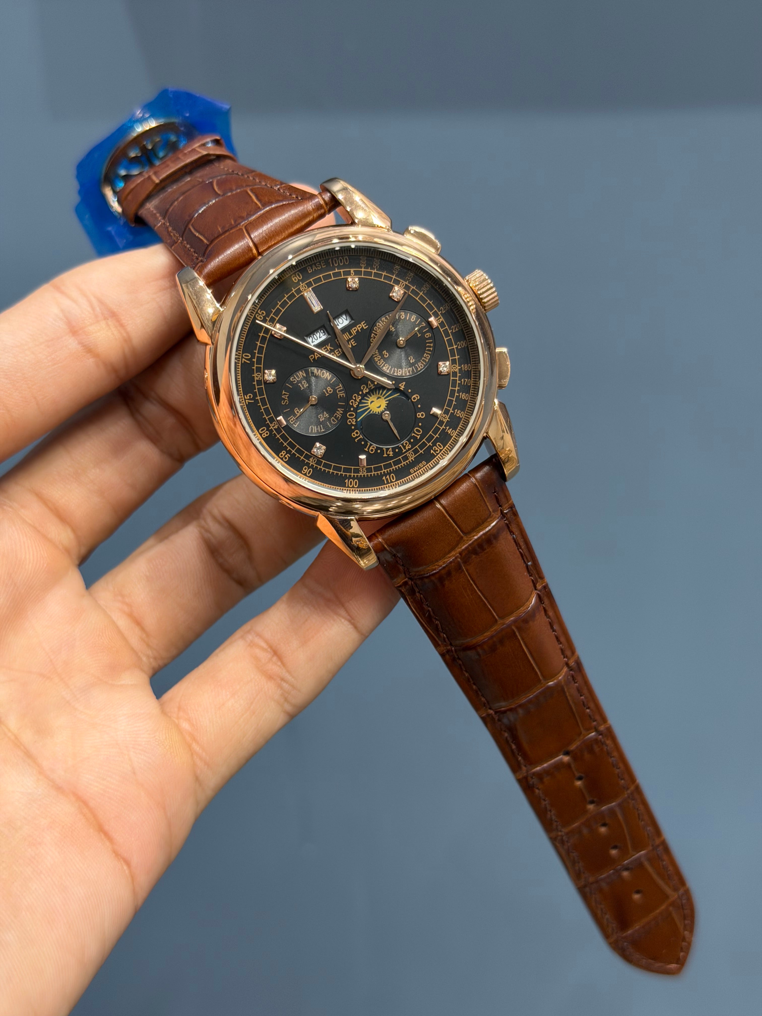 NEW COLLECTION CHRONOGRAPH ROSE CASE WITH STONE BLACK DIAL & LEATHER STRAP