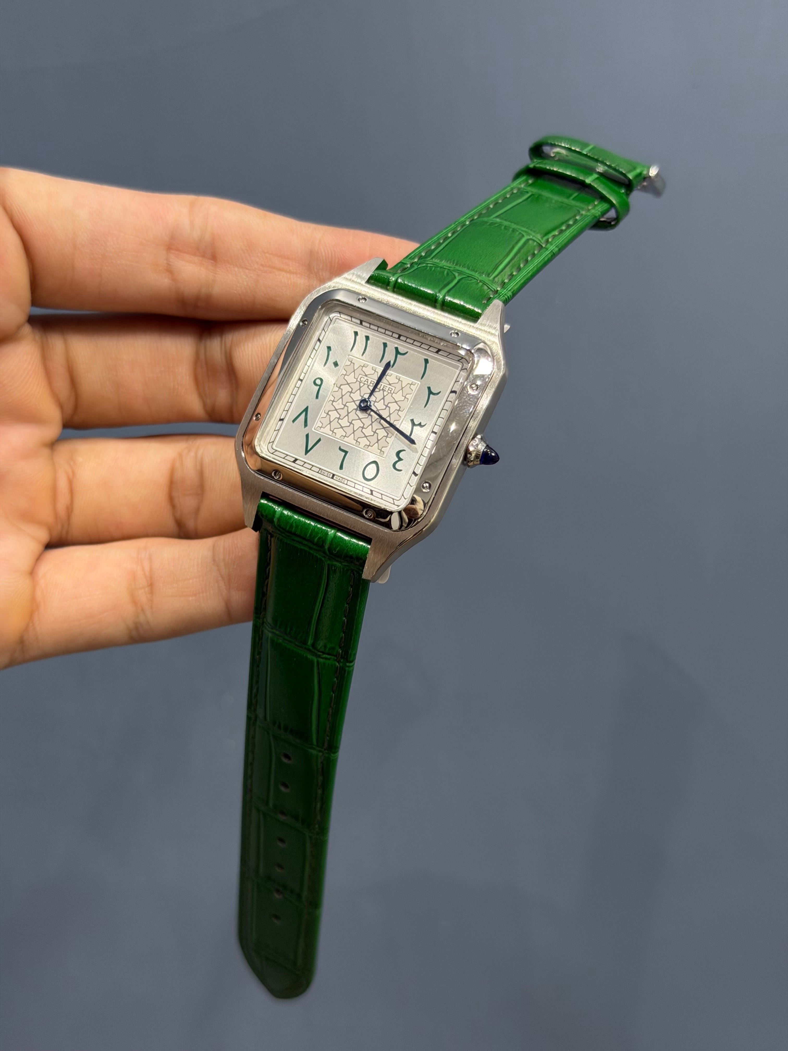 NEW COLLECTION SILVER CASE WITH WHITE ARABIC DIAL & GREEN LEATHER STRAP