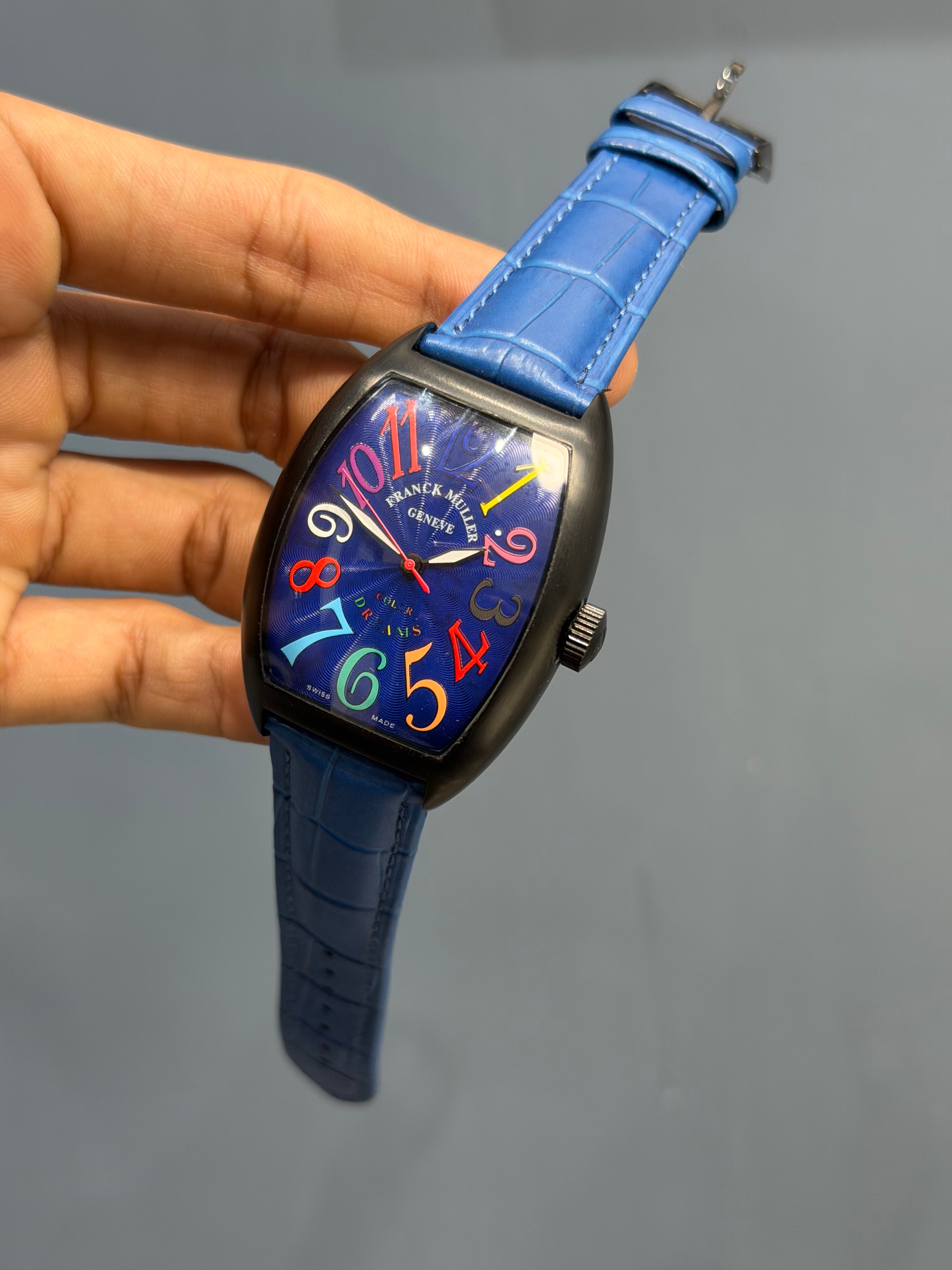 NEW COLLECTION CRAZY HOUR BLACK CASE WITH BLUE DIAL & BLUE LEATHER STRAP