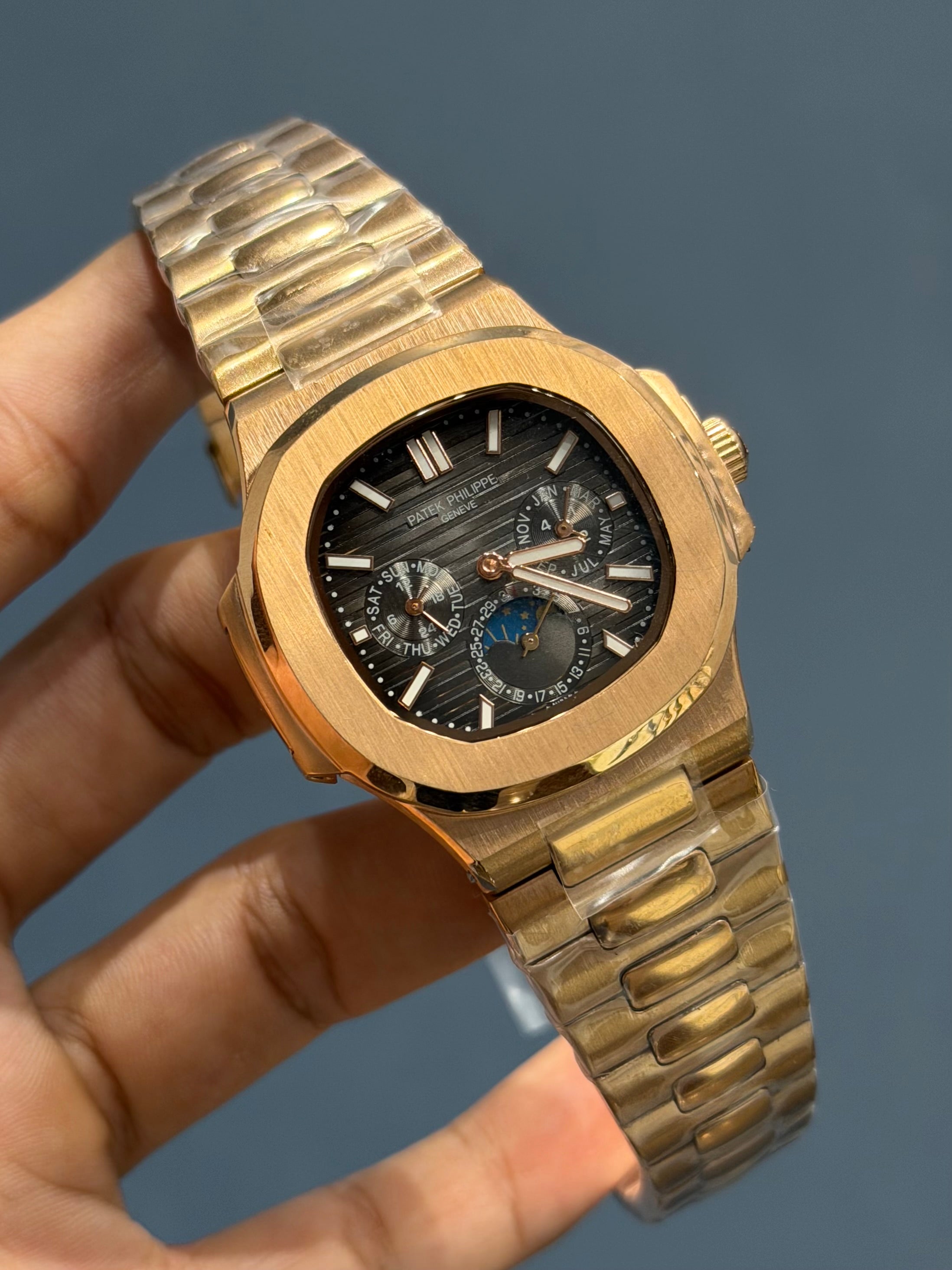 NEW COLLECTION MOON PHASE CHRONOGRAPH ROSE CASE WITH GREY DIAL AUTOMATIC WATCH