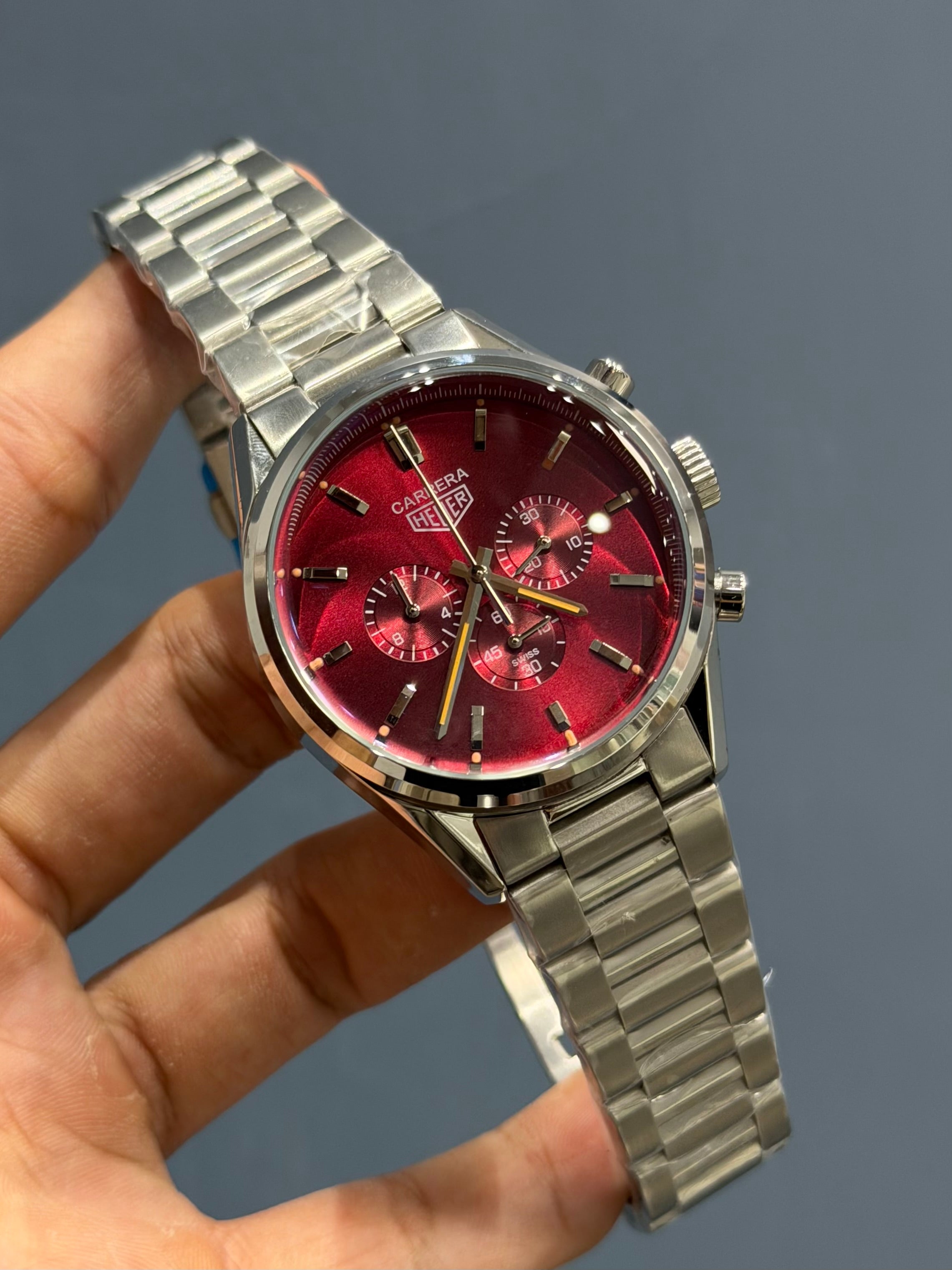 NEW COLLECTION CHRONOGRAPH SILVER WITH CHERRY DIAL CHAIN WATCH FOR MEN