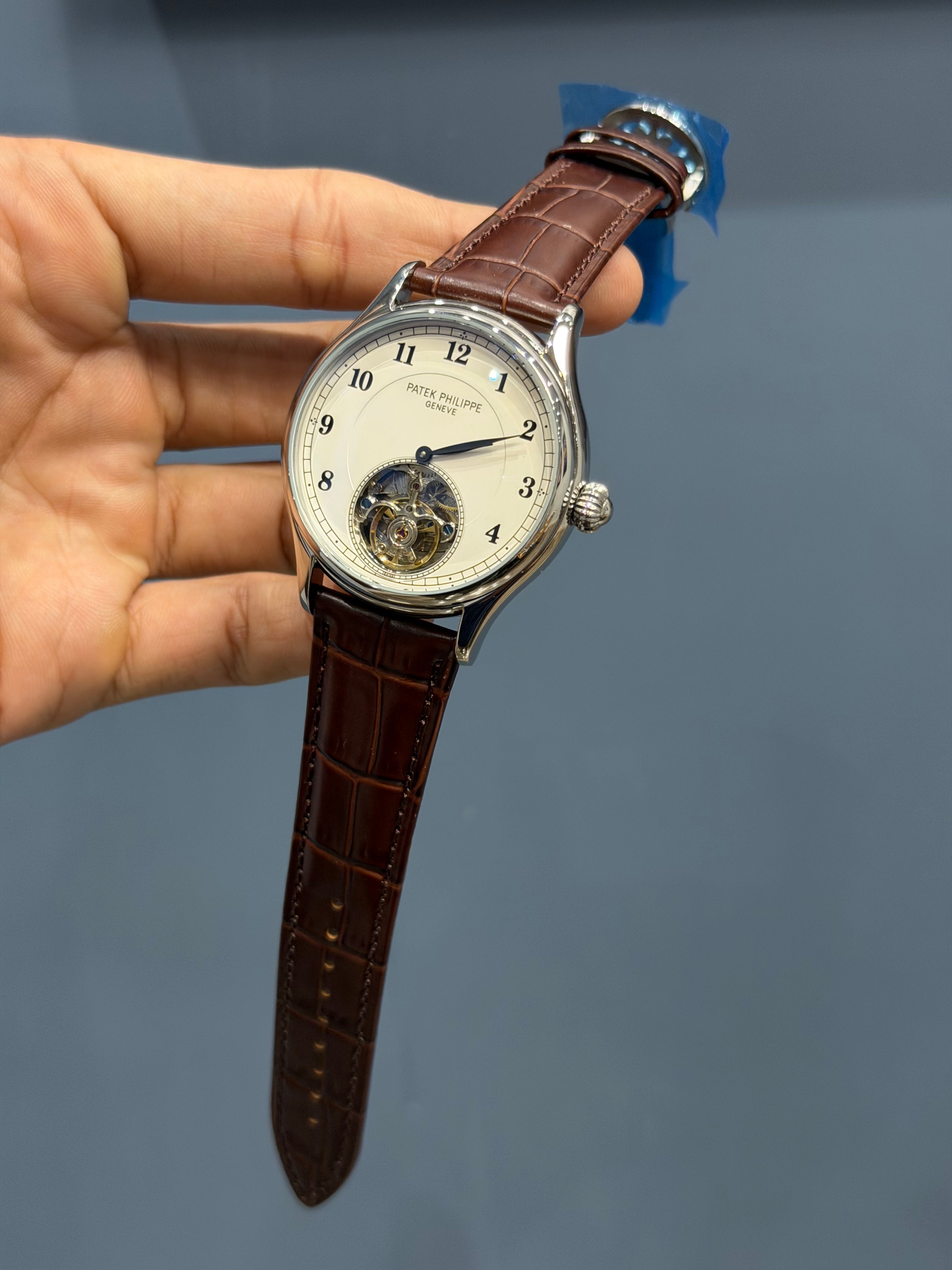 NEW COLLECTION TOURBILLON SILVER CASE WITH WHITE DIAL & BROWN LEATHER STRAP