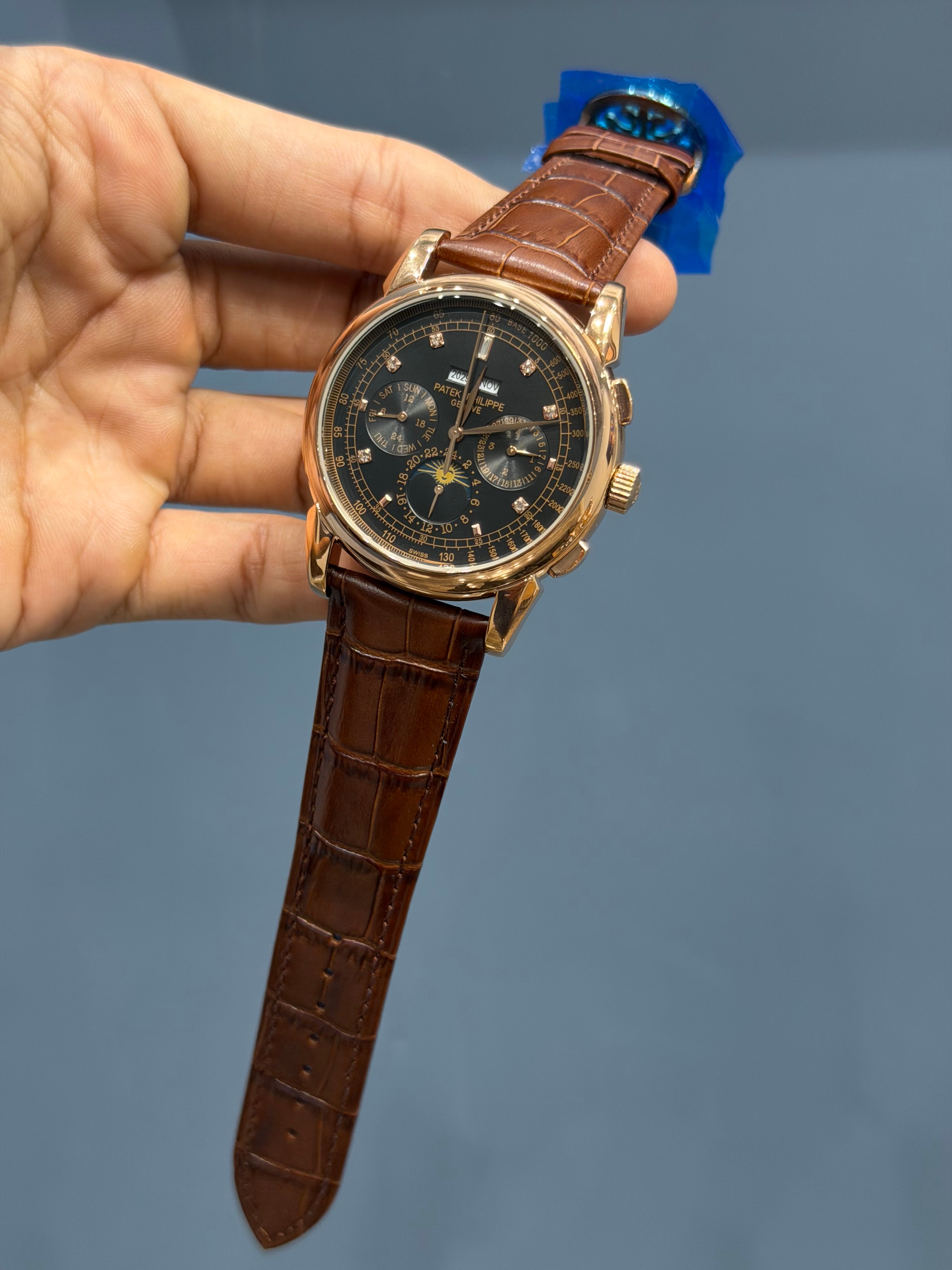 NEW COLLECTION CHRONOGRAPH ROSE CASE WITH STONE BLACK DIAL & LEATHER STRAP