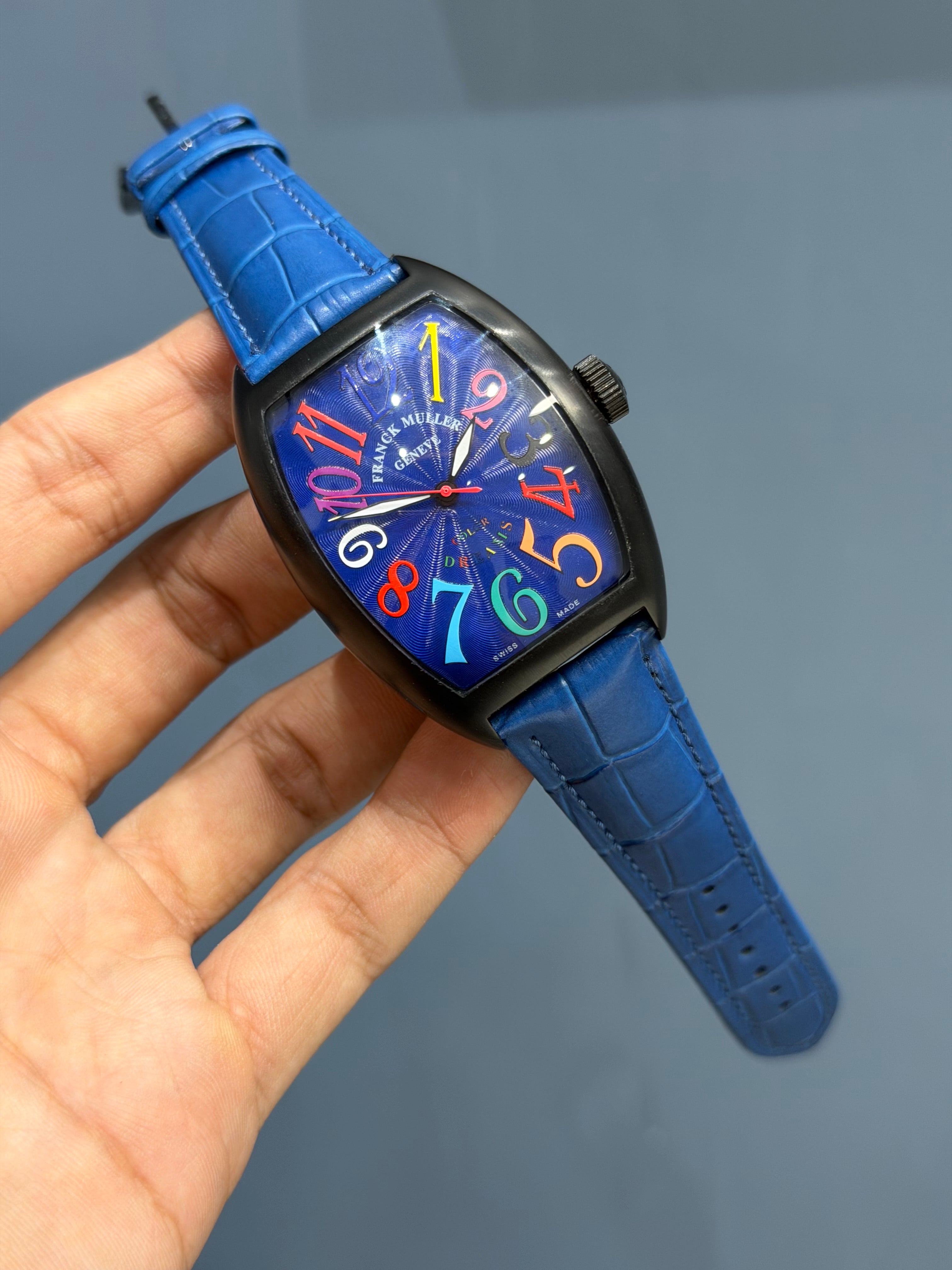 NEW COLLECTION CRAZY HOUR BLACK CASE WITH BLUE DIAL & BLUE LEATHER STRAP