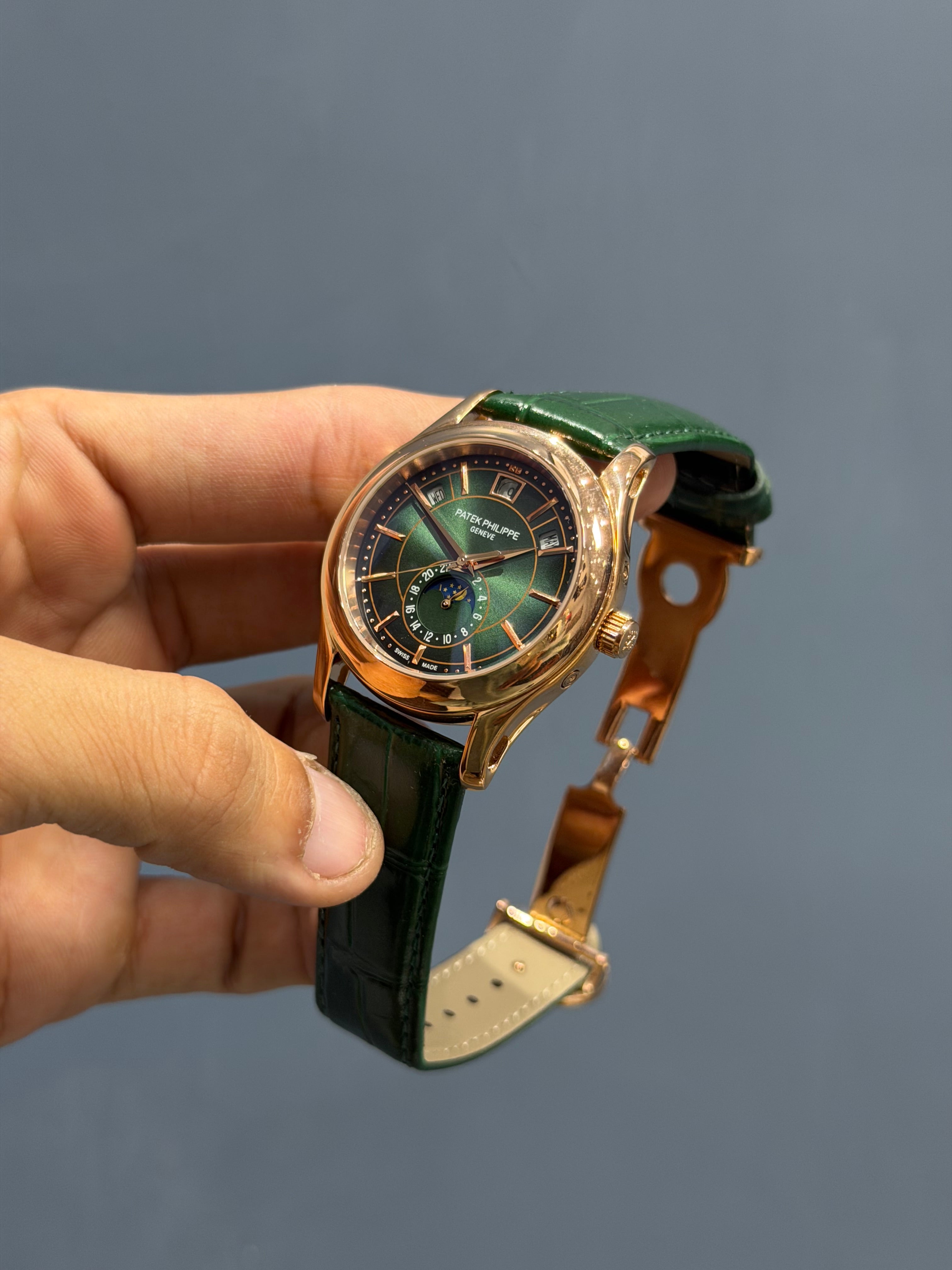 NEW COLLECTION MOON PHASE ROSE GOLD CASE WITH GREEN DIAL & GREEN LEATHER STRAP