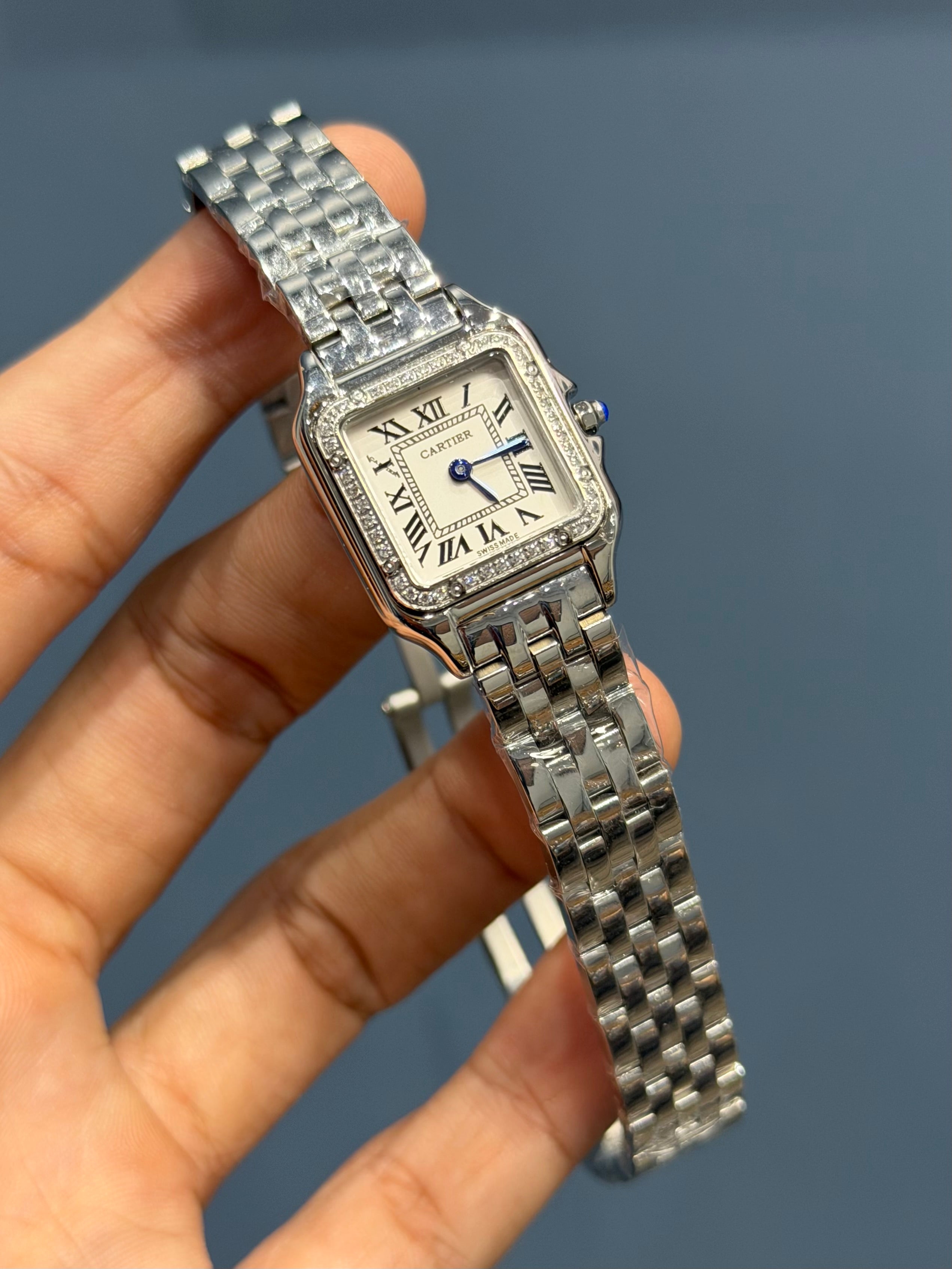 NEW COLLECTION SILVER CASE WITH WHITE DIAL STONE BEZEL LADIES WATCH