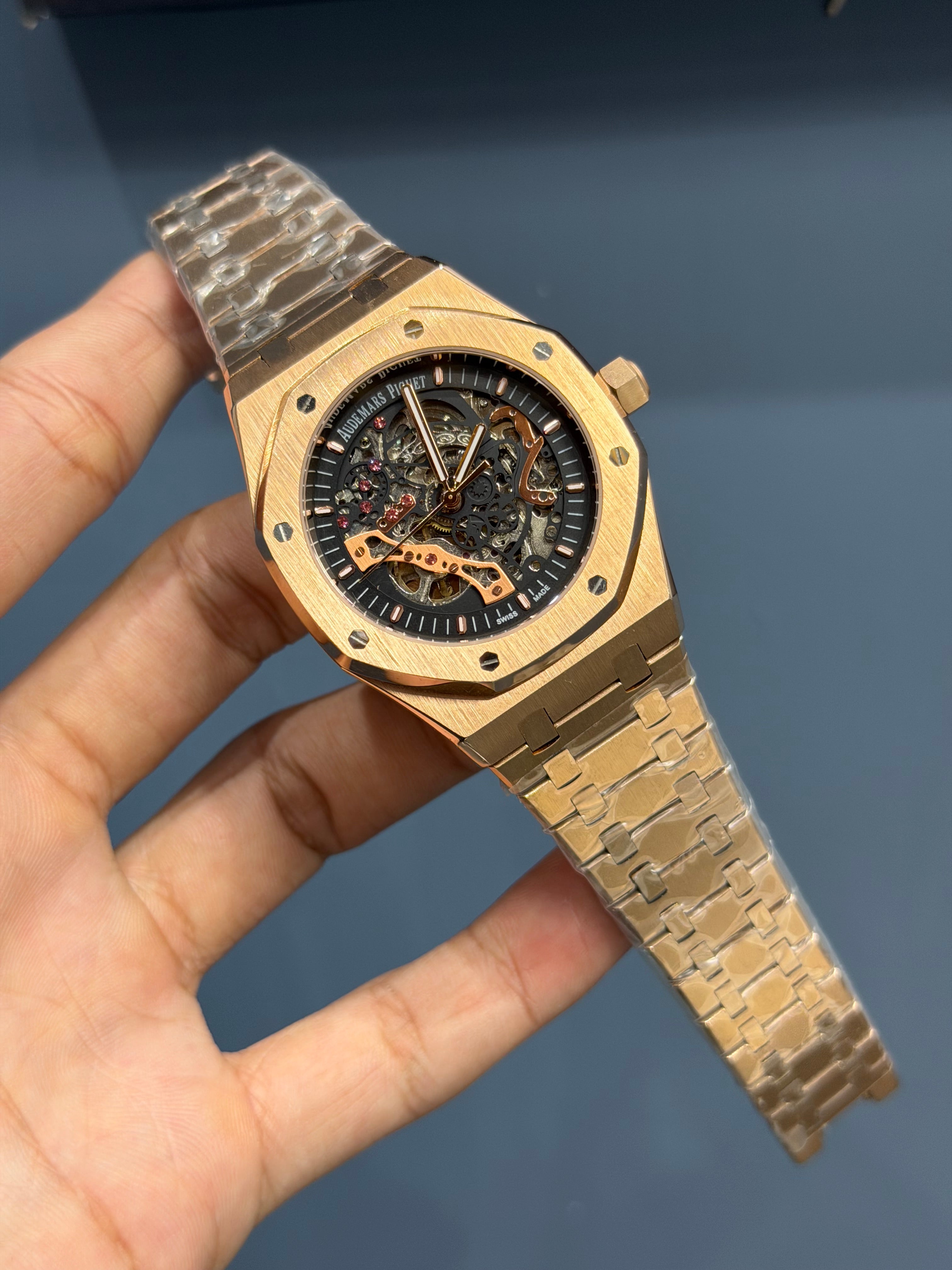 NEW COLLECTION ROSE GOLD WITH BLACK SKELETON DIAL WATCH