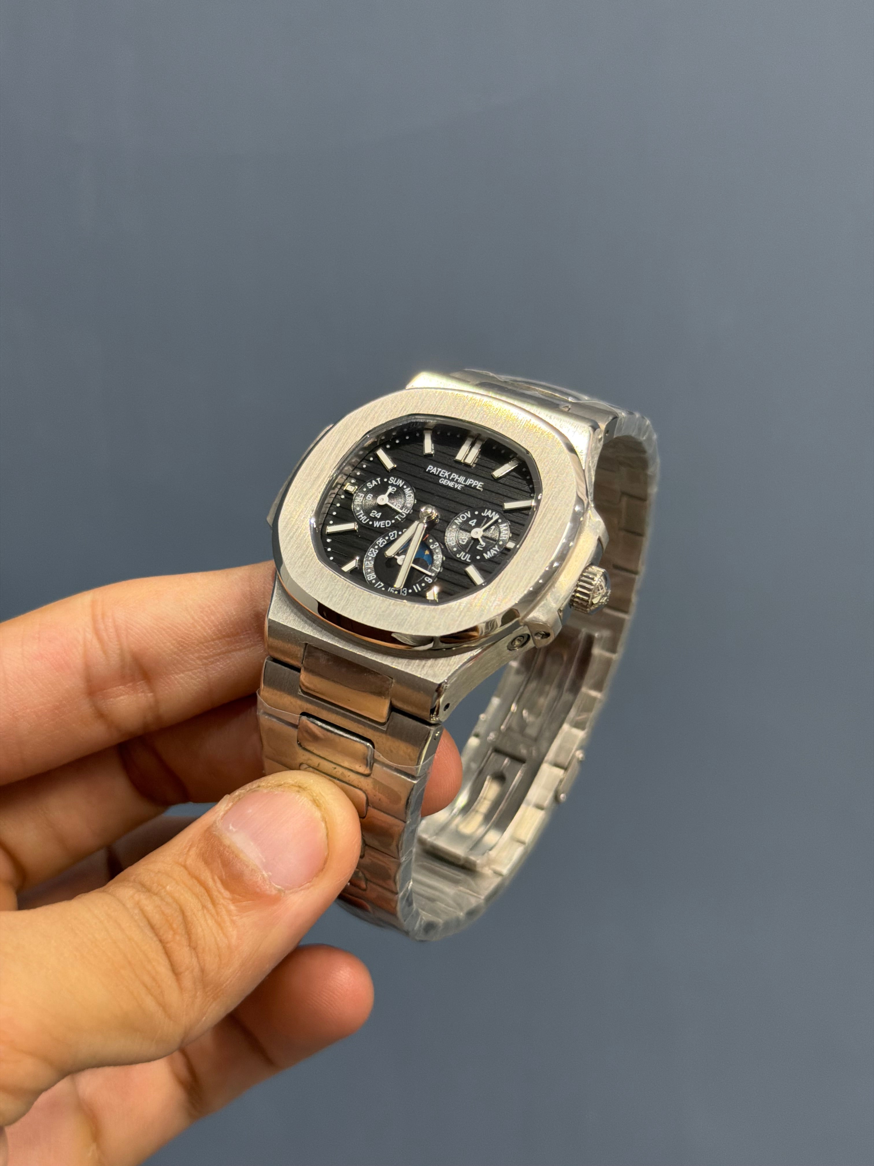 NEW COLLECTION MOON PHASE CHRONOGRAPH SILVER CASE WITH BLACK DIAL AUTOMATIC WATCH