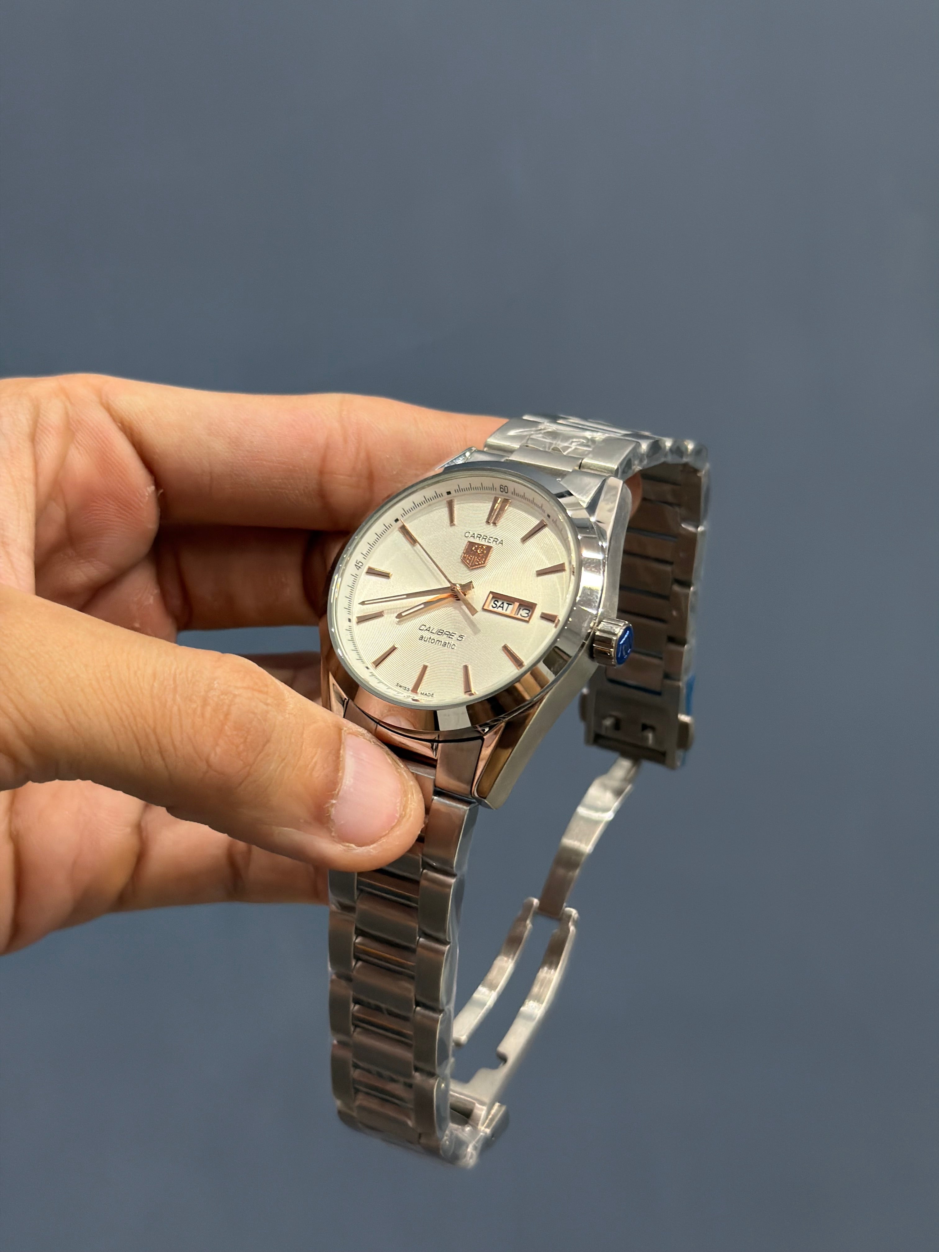 NEW COLLECTION SILVER WITH WHITE DIAL ROSE GOLD INDEX AUTOMATIC WATCH
