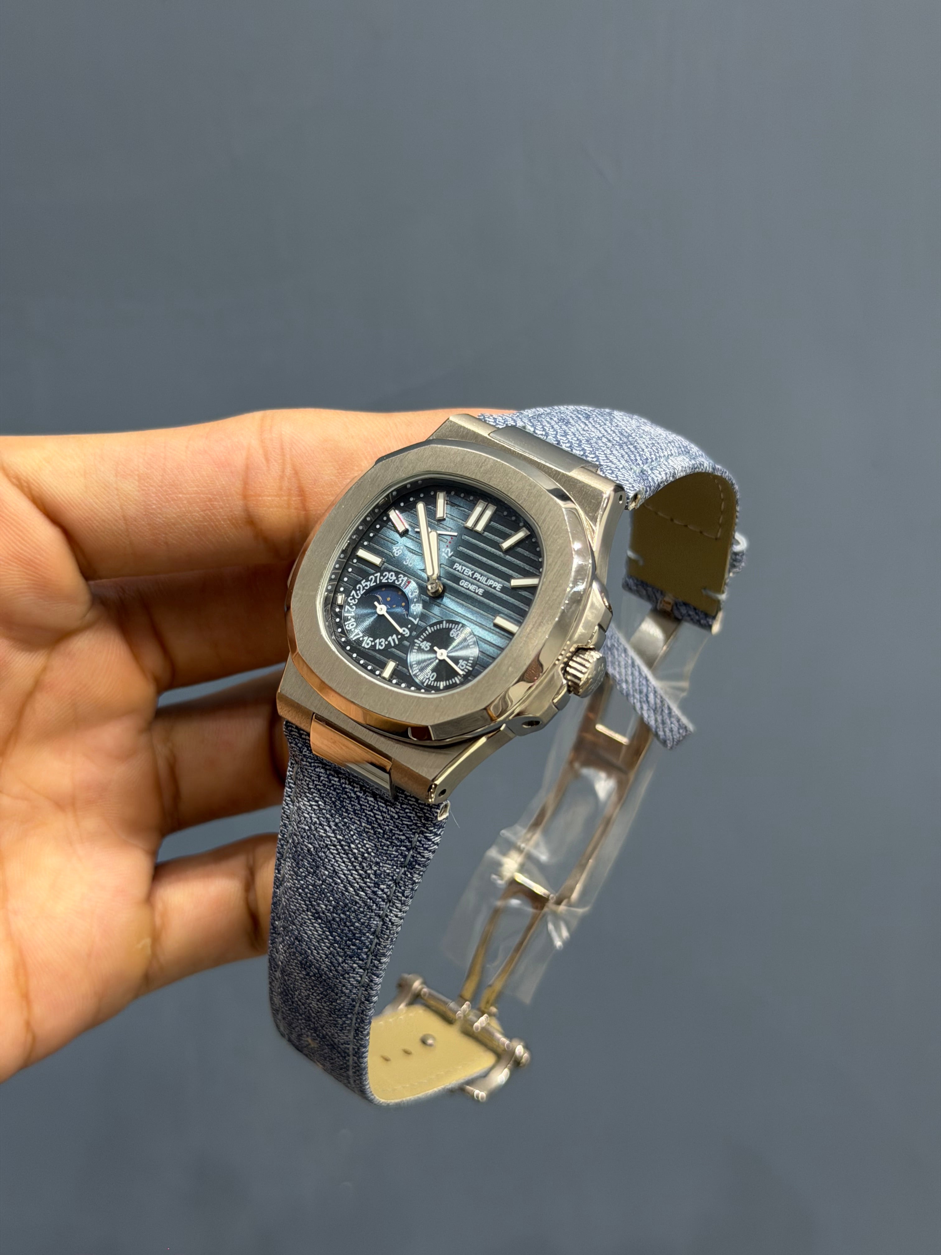 NEW COLLECTION MOON PHASE SILVER WITH SKY DIAL DEMIN STRAP AUTOMATIC WATCH