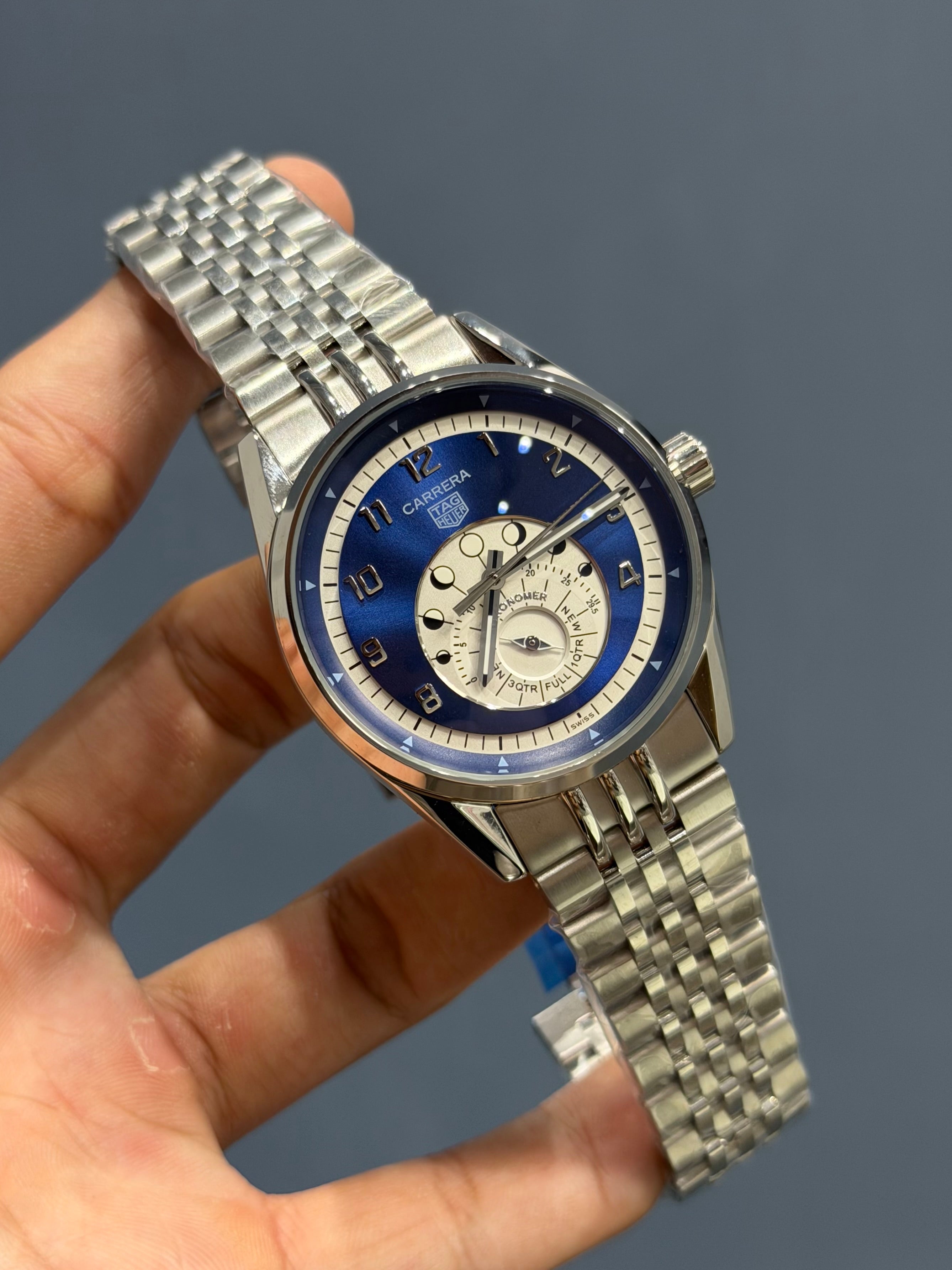 NEW COLLECTION ASTRONOMER SILVER CASE WITH BLUE DIAL & AUTOMATIC WATCH