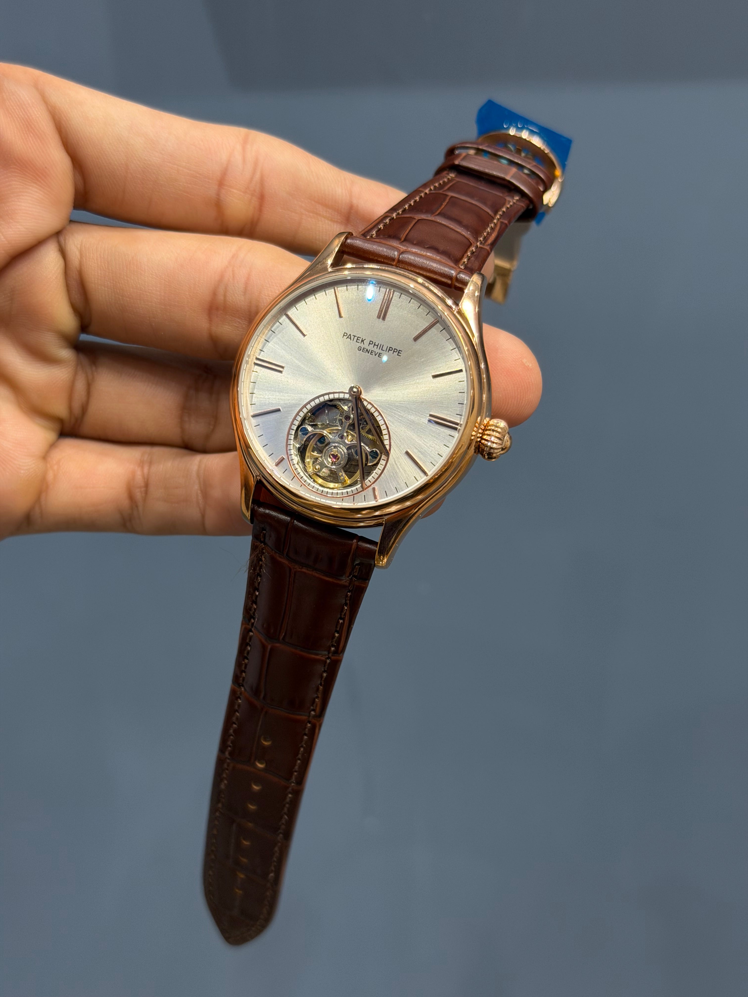 NEW COLLECTION TOURBILLON ROSE CASE WITH WHITE DIAL & BROWN LEATHER STRAP