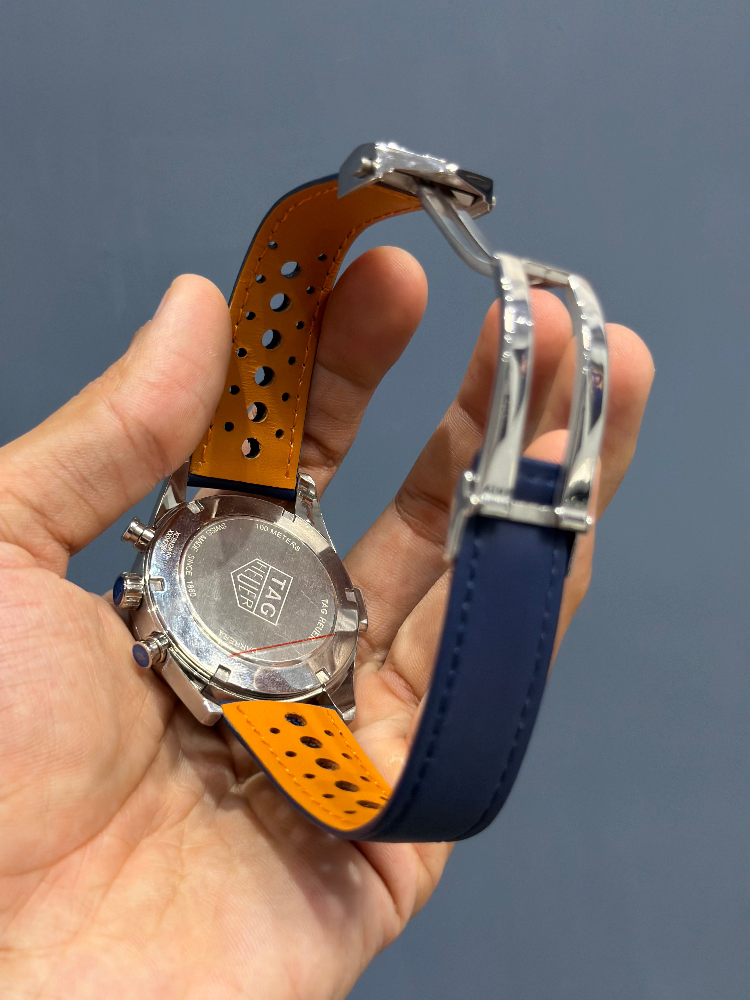 NEW COLLECTION CHRONOGRAPH SEAFARER X HODINKEE SILVER WITH BLUE DIAL LEATHER STRAP