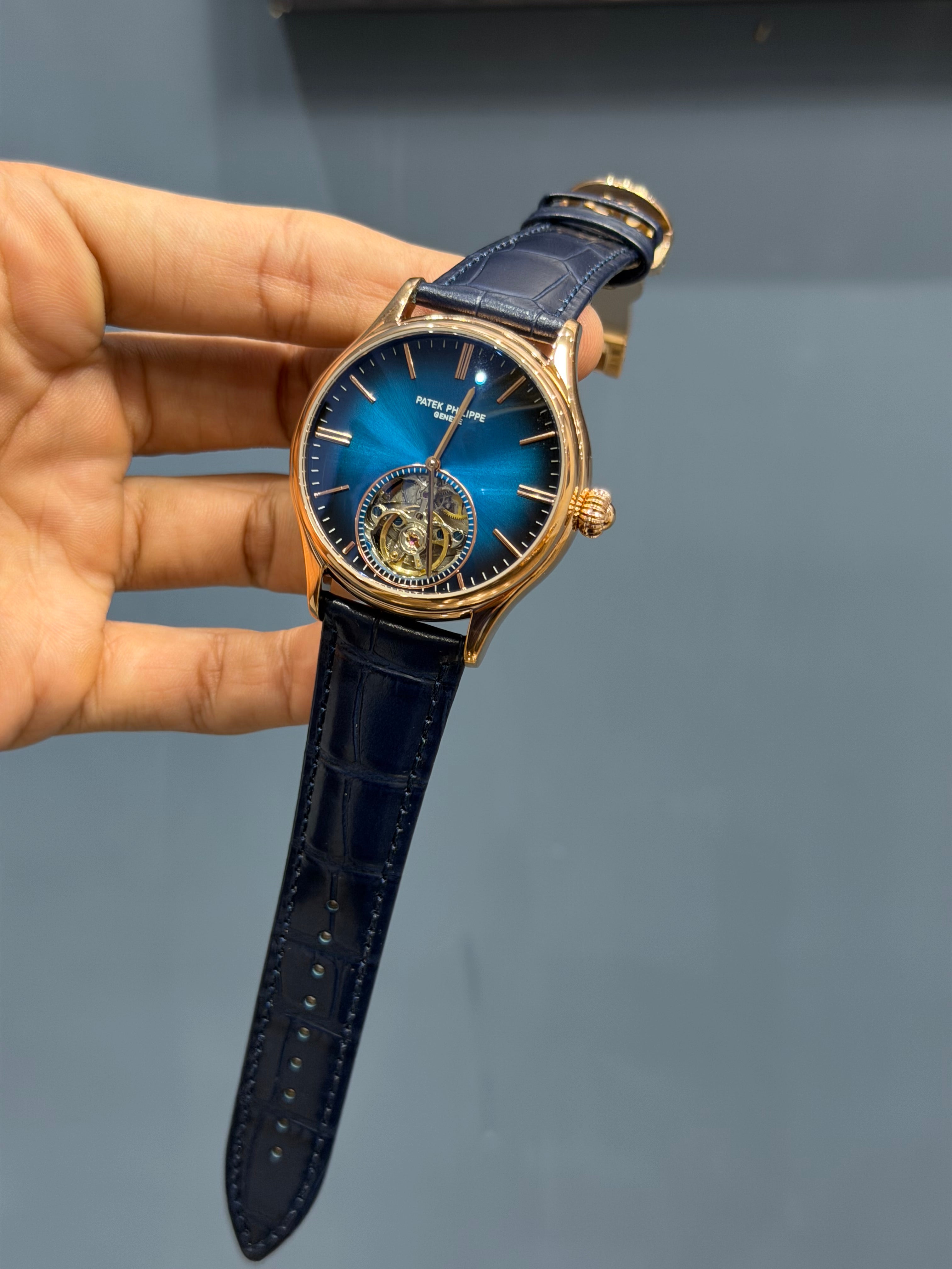 NEW COLLECTION TOURBILLON ROSE CASE WITH BLUE DIAL & BLUE LEATHER STRAP