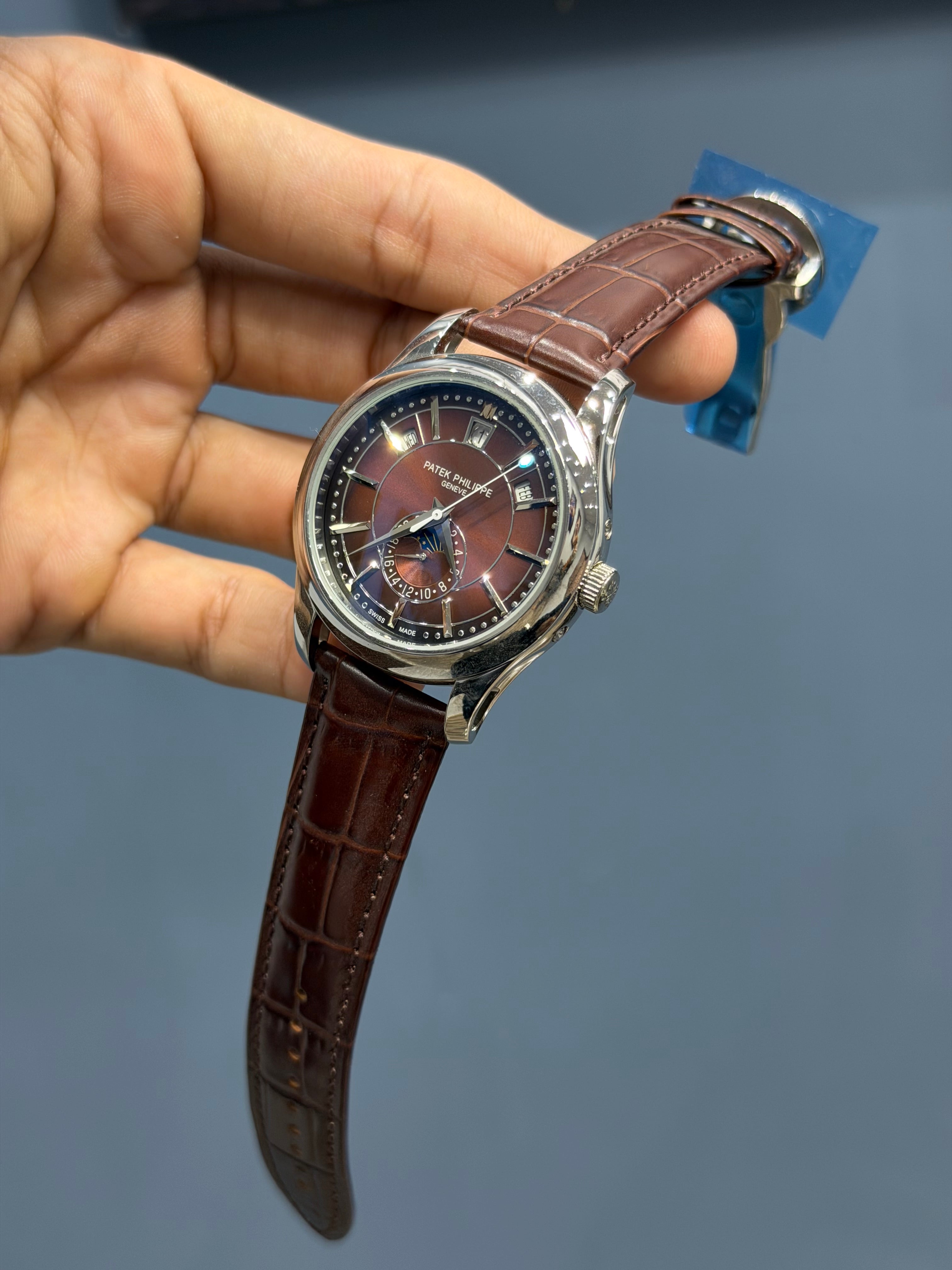 NEW COLLECTION MOON PHASE SILVER CASE WITH BROWN DIAL & LEATHER STRAP