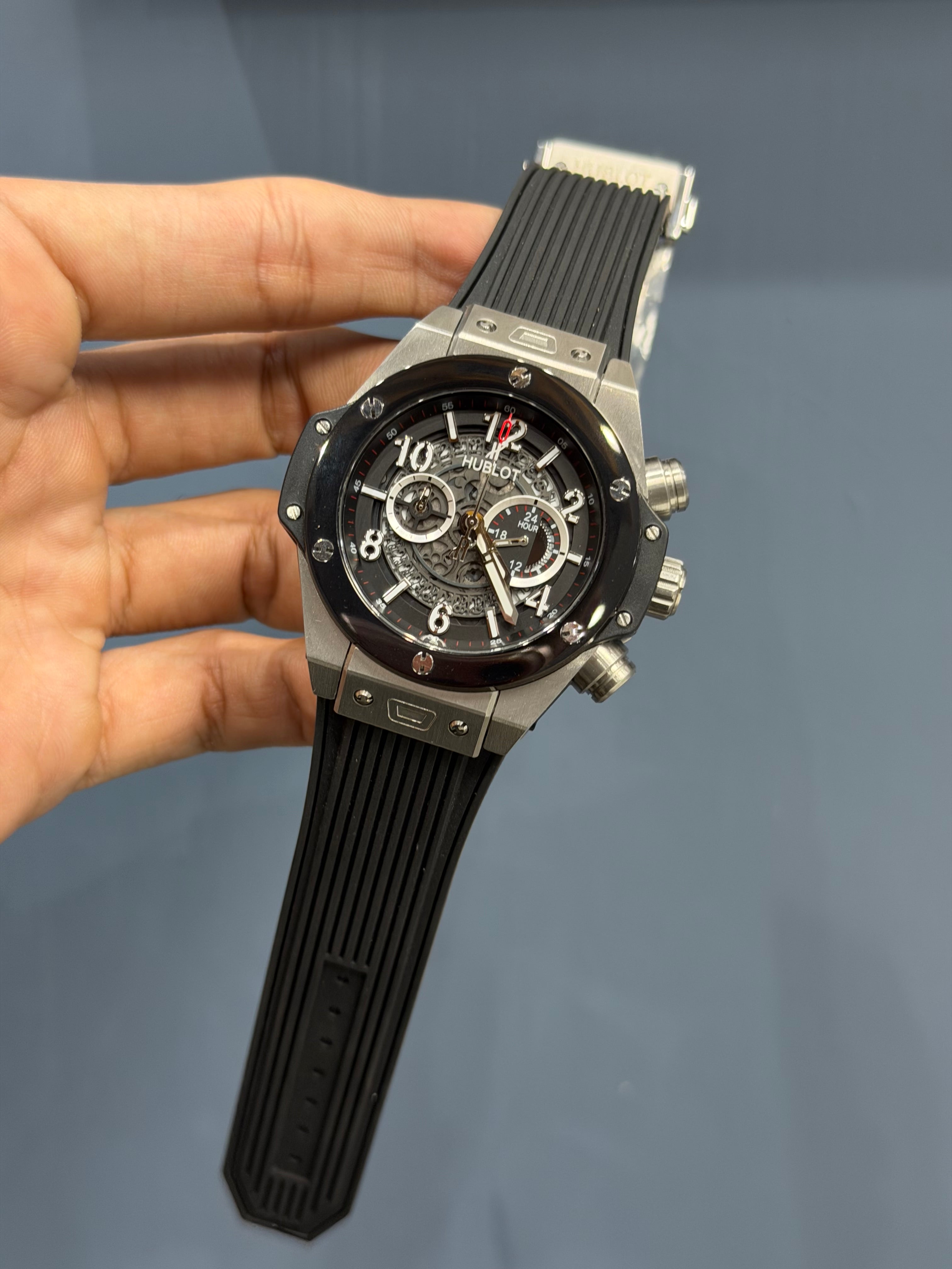 NEW COLLECTION CHRONOGRAPH MATT SILVER CASE BLACK BEZZEL & BLACK DIAL PVC STRAP