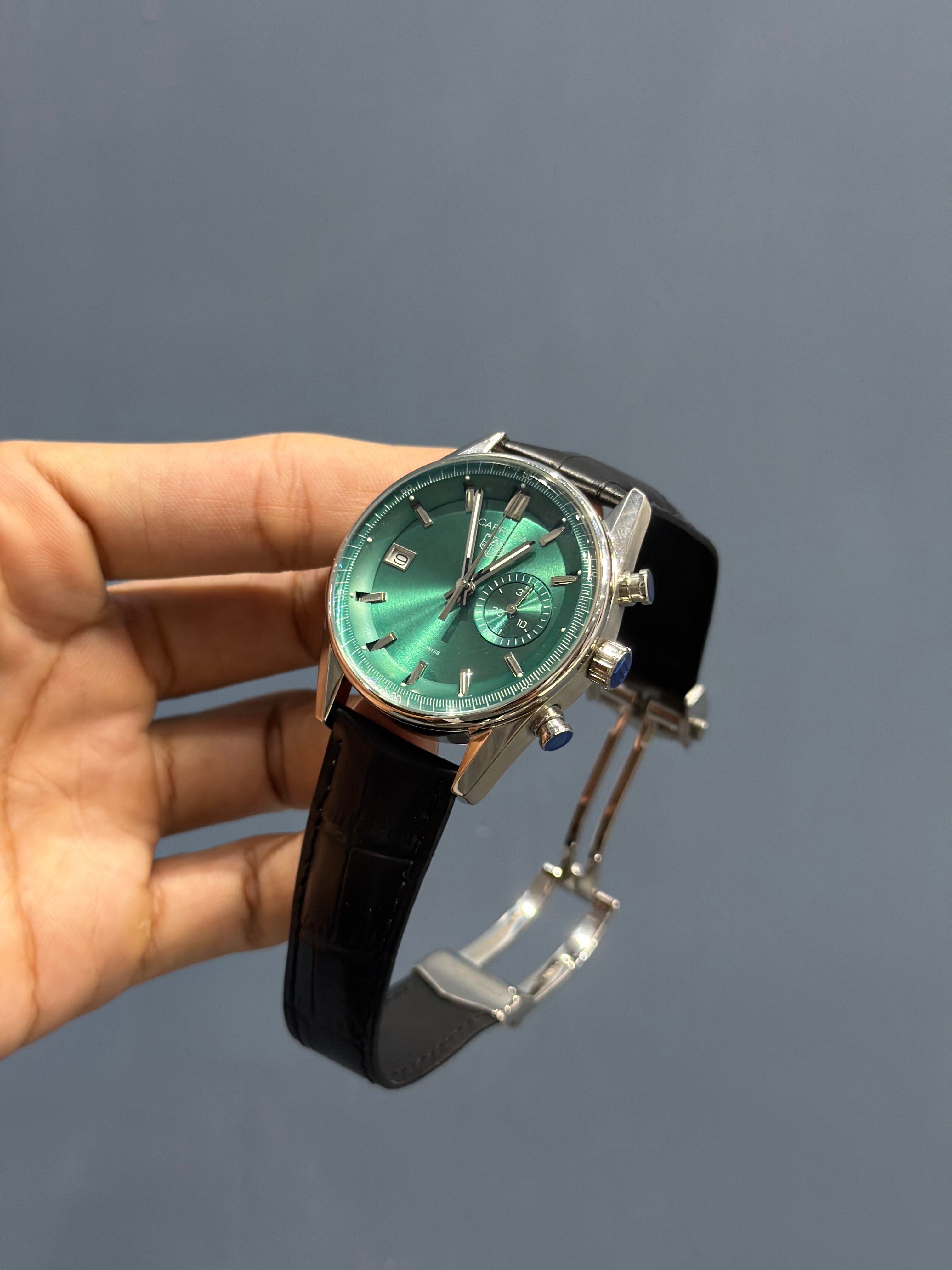 NEW COLLECTION CHRONOGRAPH HORSE EDITION SILVER WITH GREEN DIAL LEATHER STRAP WATCH