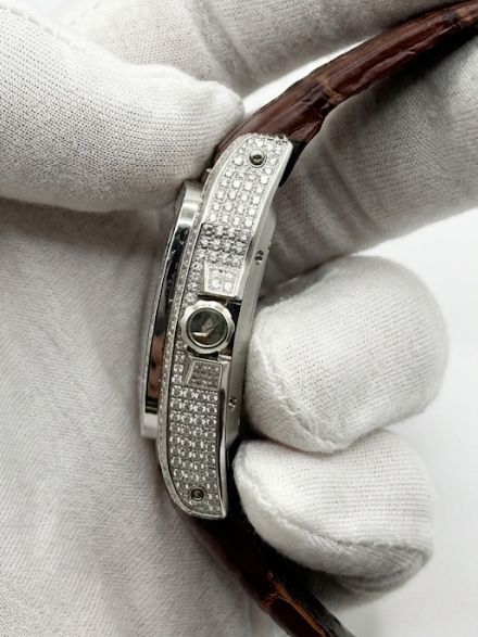 Cartier Santos Style Luxury Watch – Silver Tone Diamond-Style Case, White Roman Dial & Brown Leather Strap