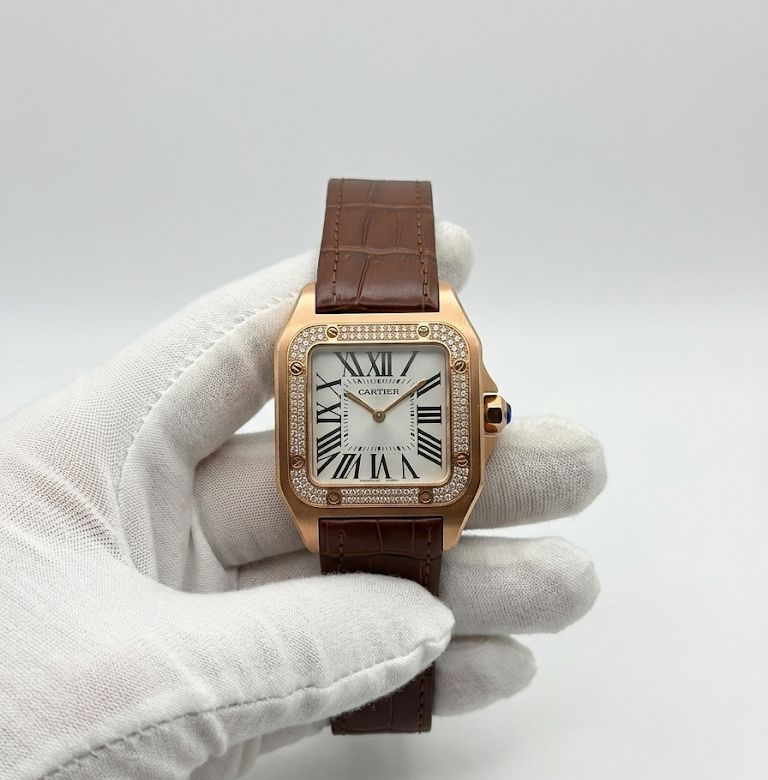Luxury Square Dress Watch – White Dial, Roman Numerals, Rose Gold Bezel & Brown Leather Strap