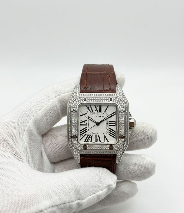 Cartier Santos Style Luxury Watch – Silver Tone Diamond-Style Case, White Roman Dial & Brown Leather Strap