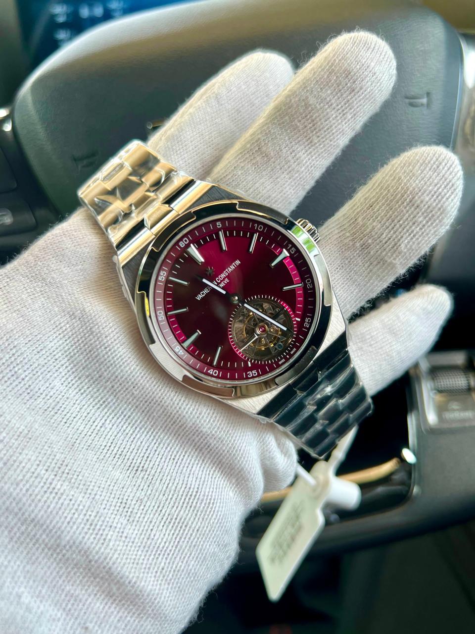 Luxury Tourbillon Watch – Burgundy Red Dial, Stainless Steel Bracelet & Automatic Movement